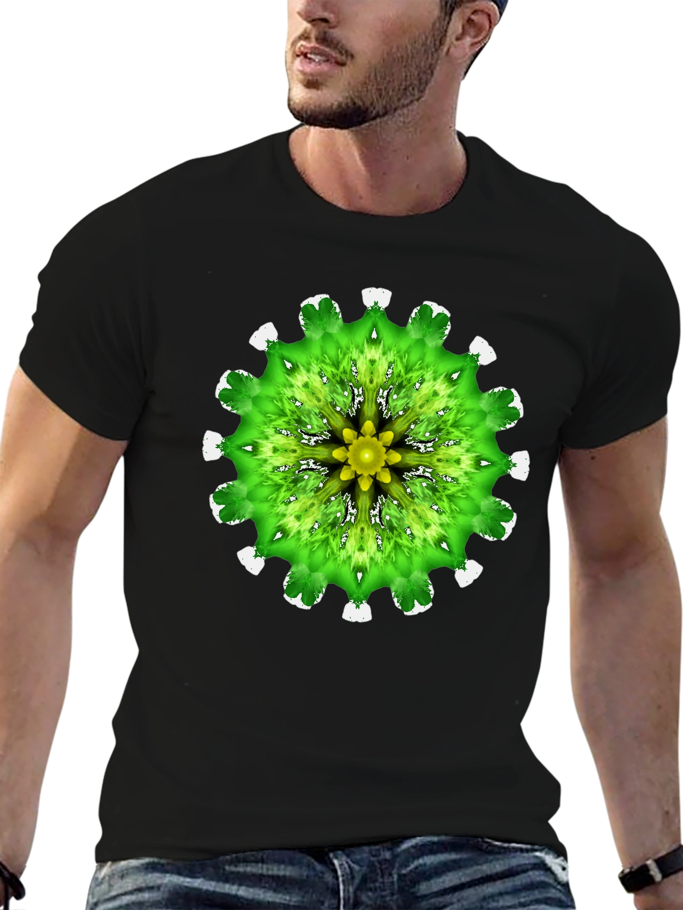 Green Mandala Graphic Black T-Shirt
