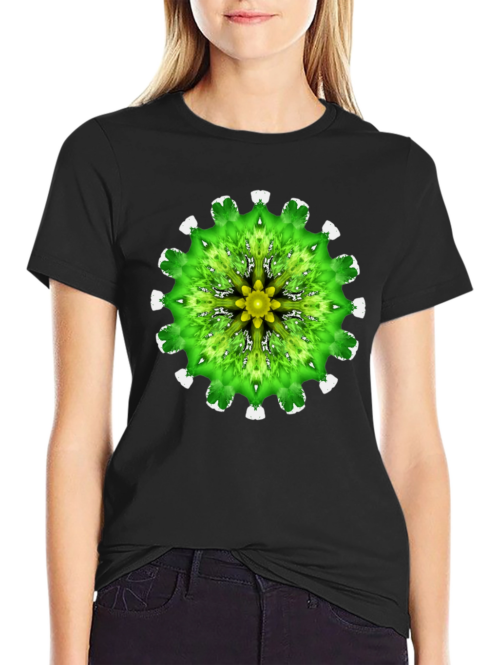 Green Mandala Graphic Black T-Shirt