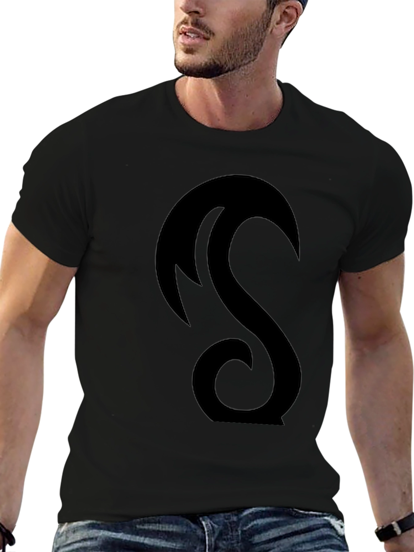 Black Tee with Abstract Crescent Design