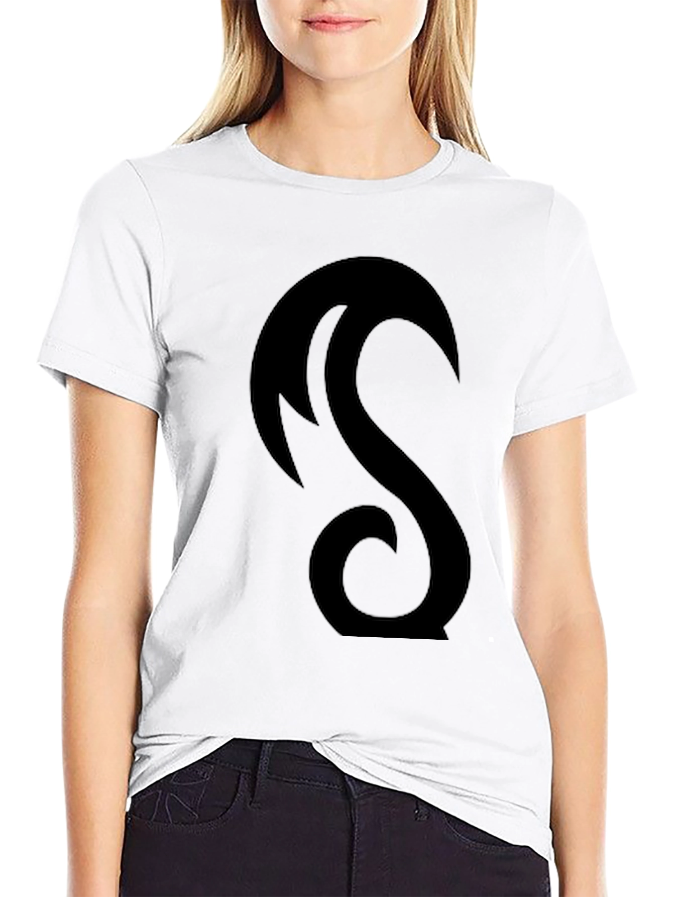Black Tee with Abstract Crescent Design