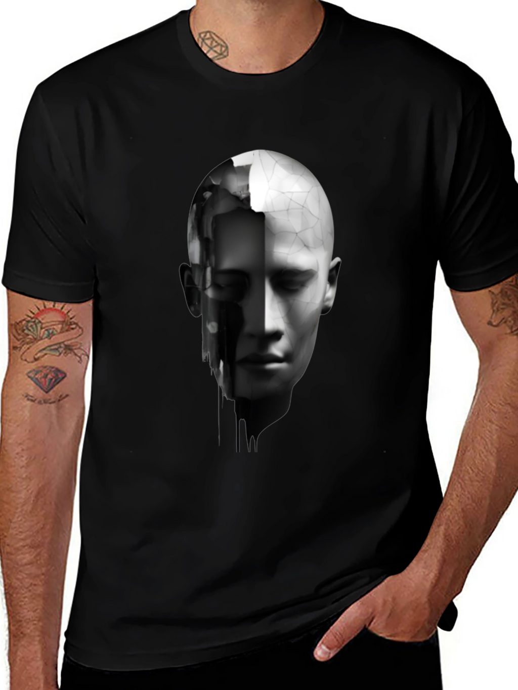 Abstract Human Face Graphic Print Black T-Shirt