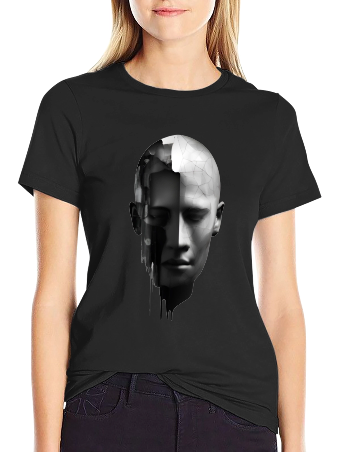 Abstract Human Face Graphic Print Black T-Shirt