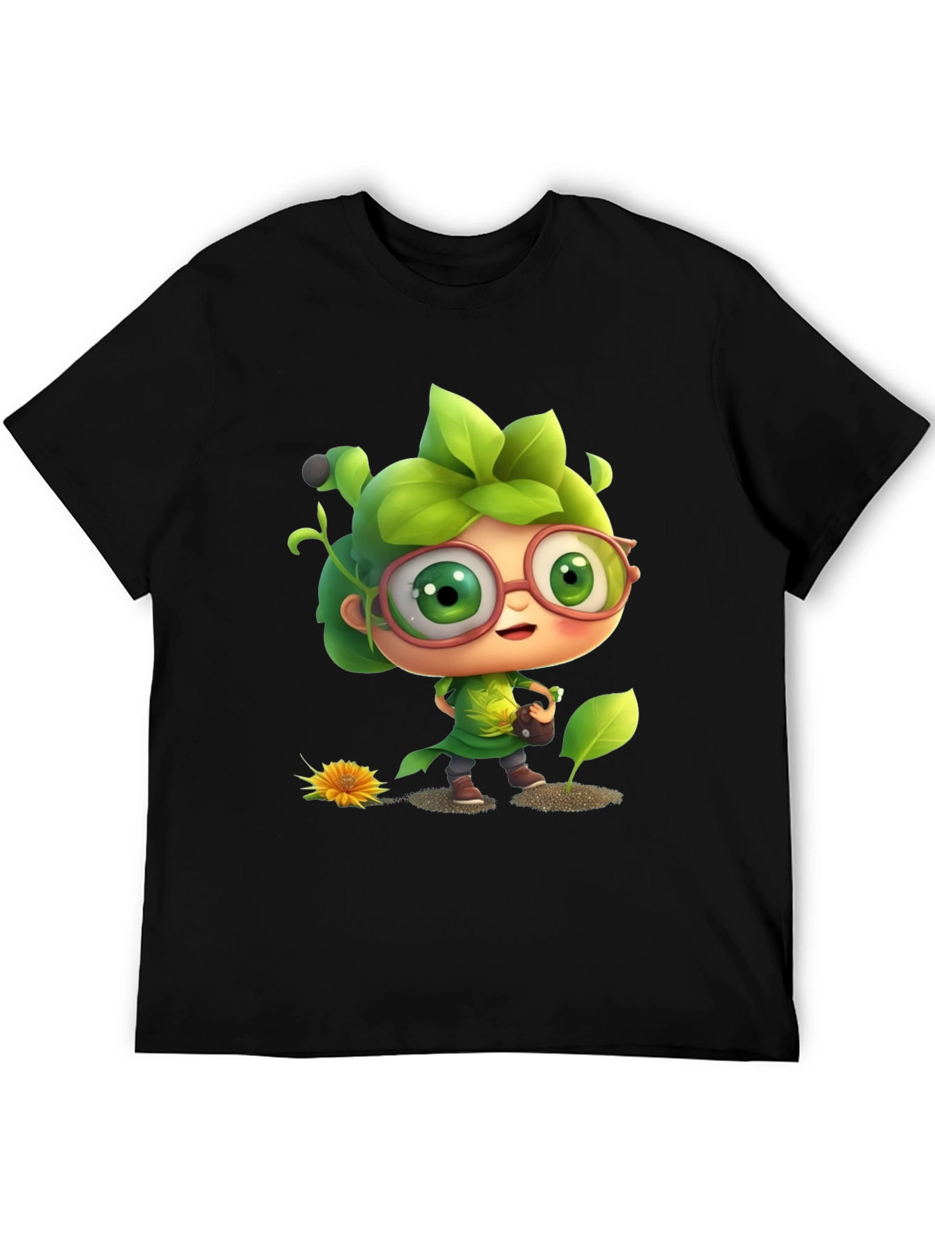 Cartoon Gardener Graphic Tee - Black Cotton Blend