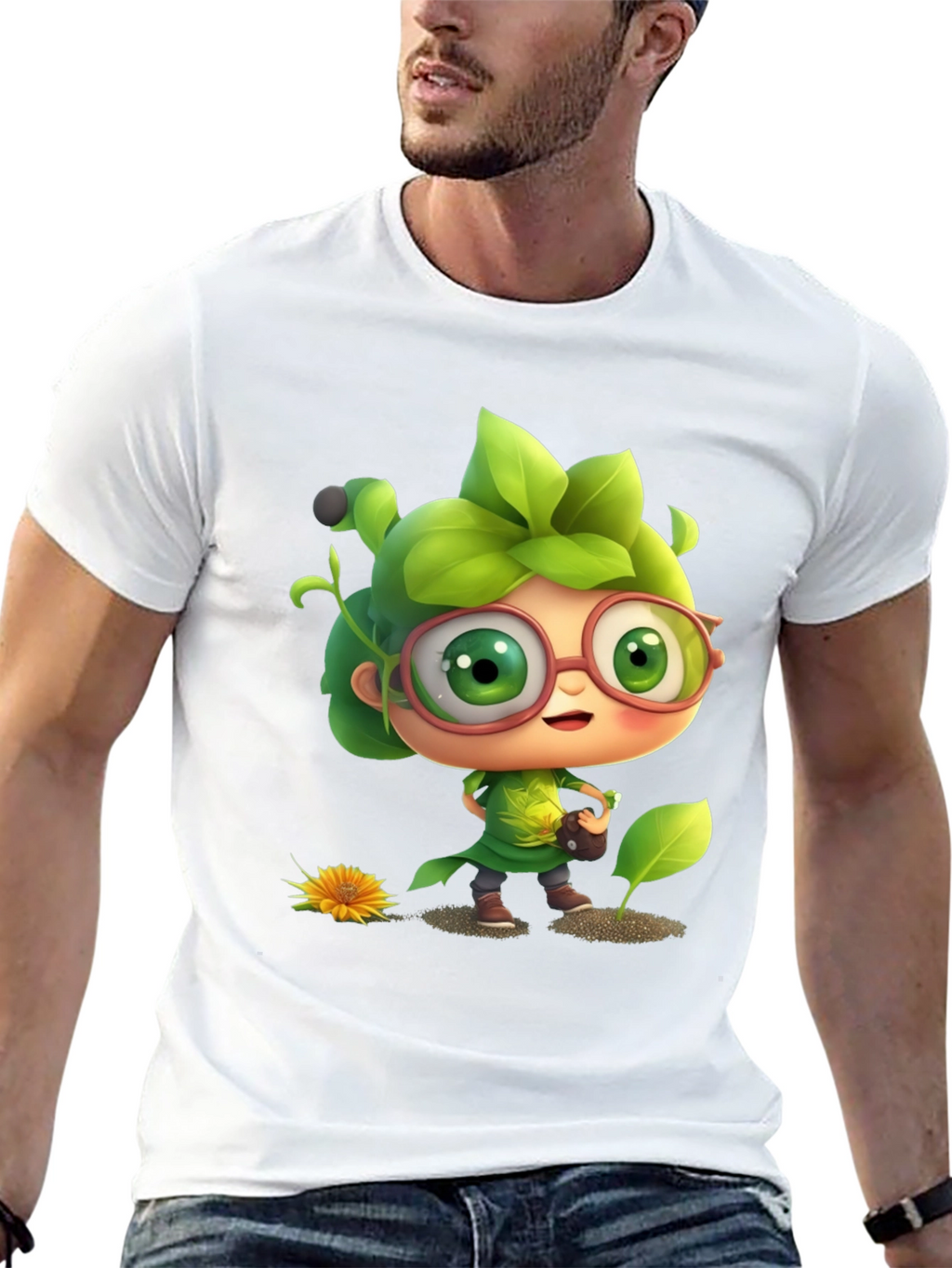 Cartoon Gardener Graphic Tee - Black Cotton Blend