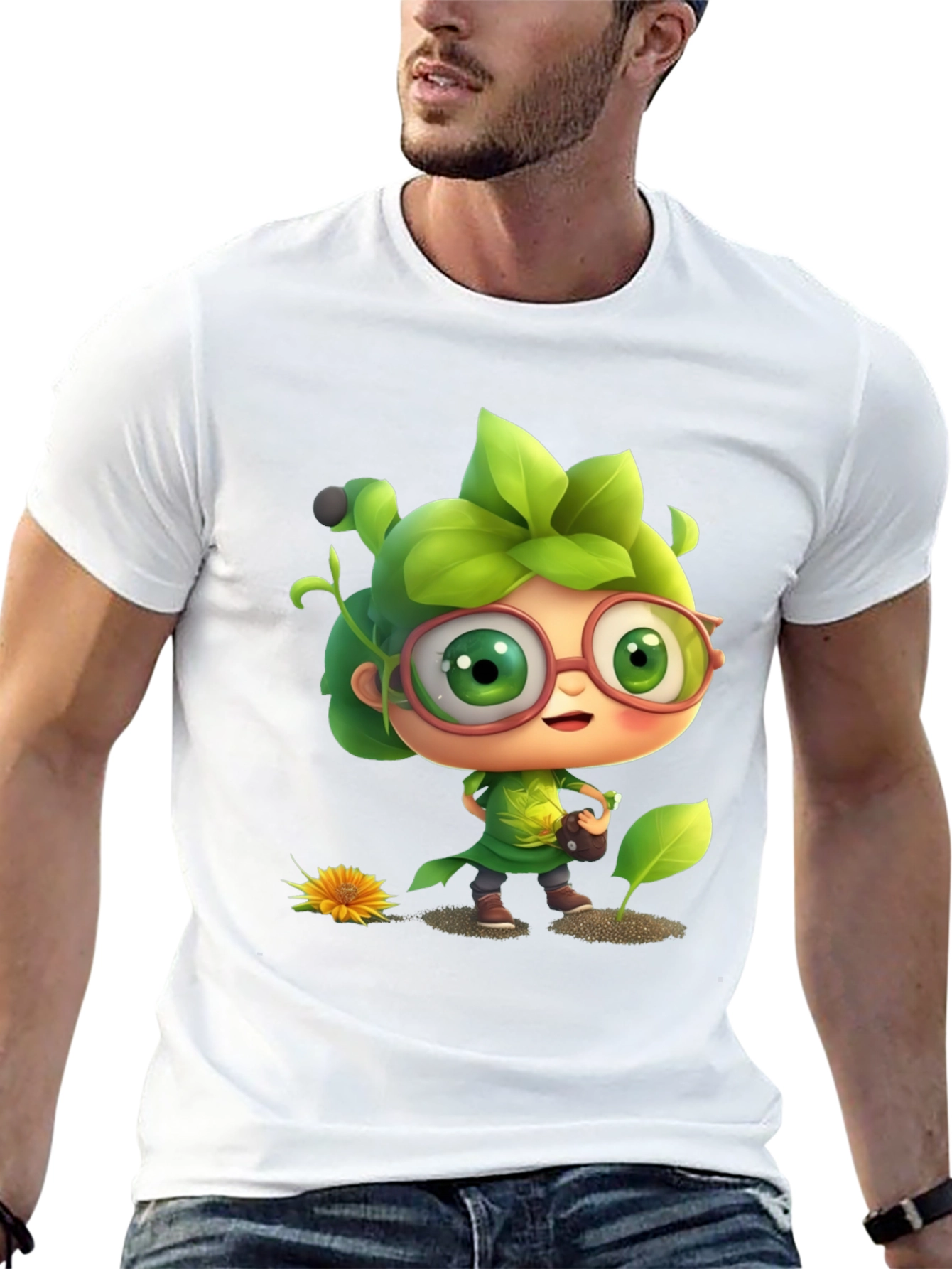 Cartoon Gardener Graphic Tee - Black Cotton Blend