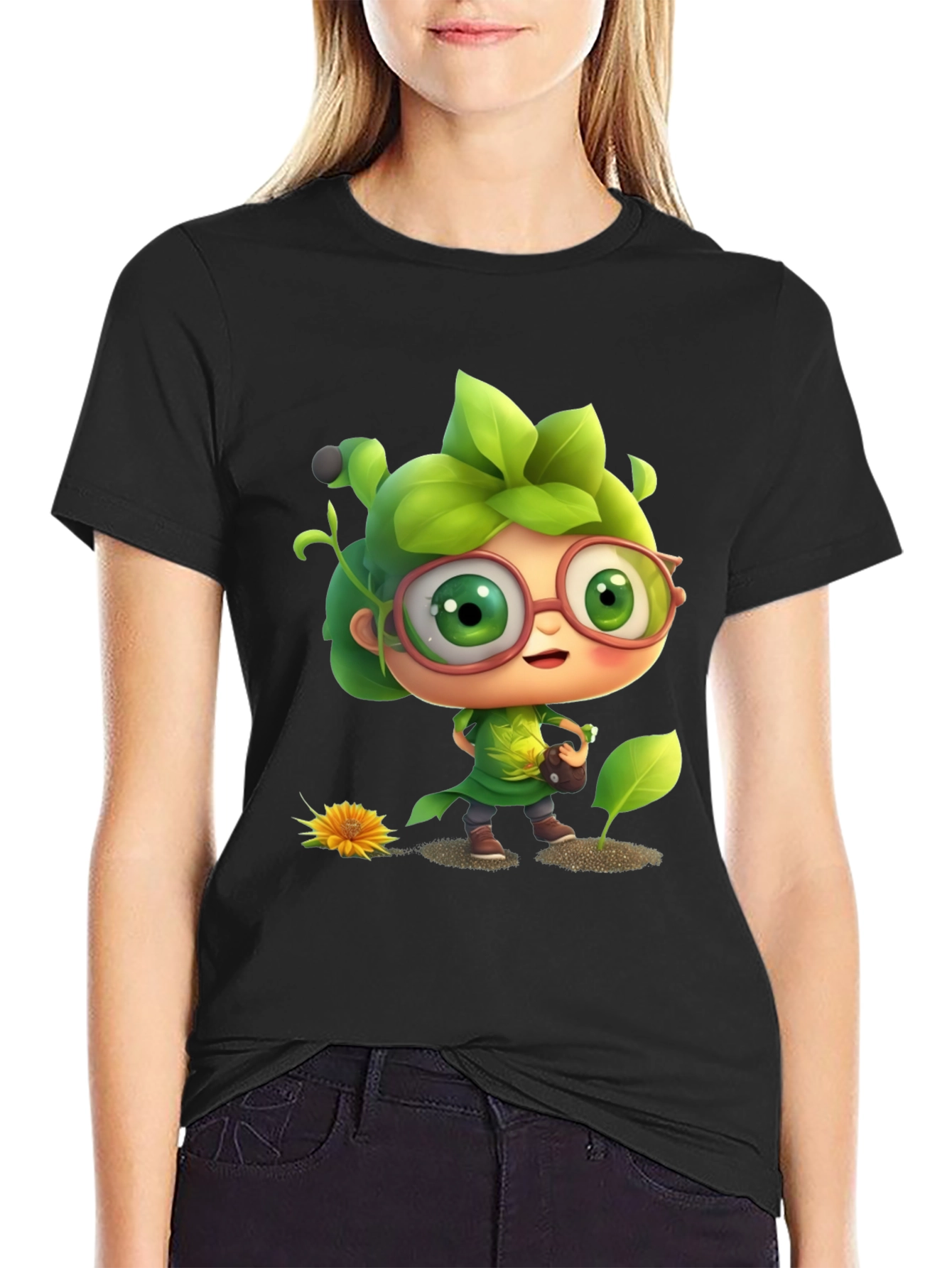Cartoon Gardener Graphic Tee - Black Cotton Blend