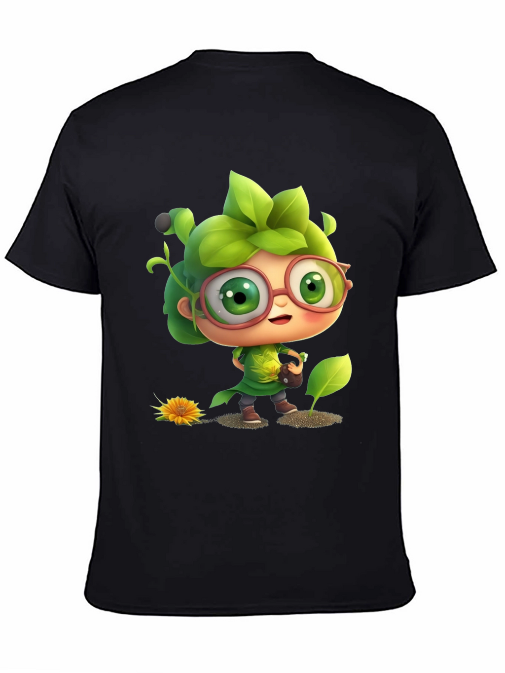 Cartoon Gardener Graphic Tee - Black Cotton Blend
