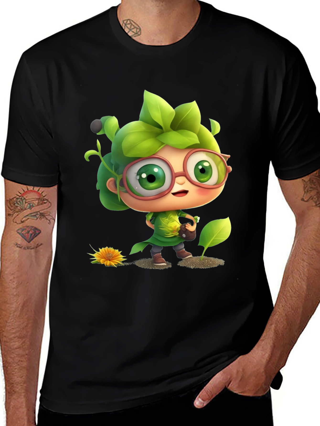 Cartoon Gardener Graphic Tee - Black Cotton Blend