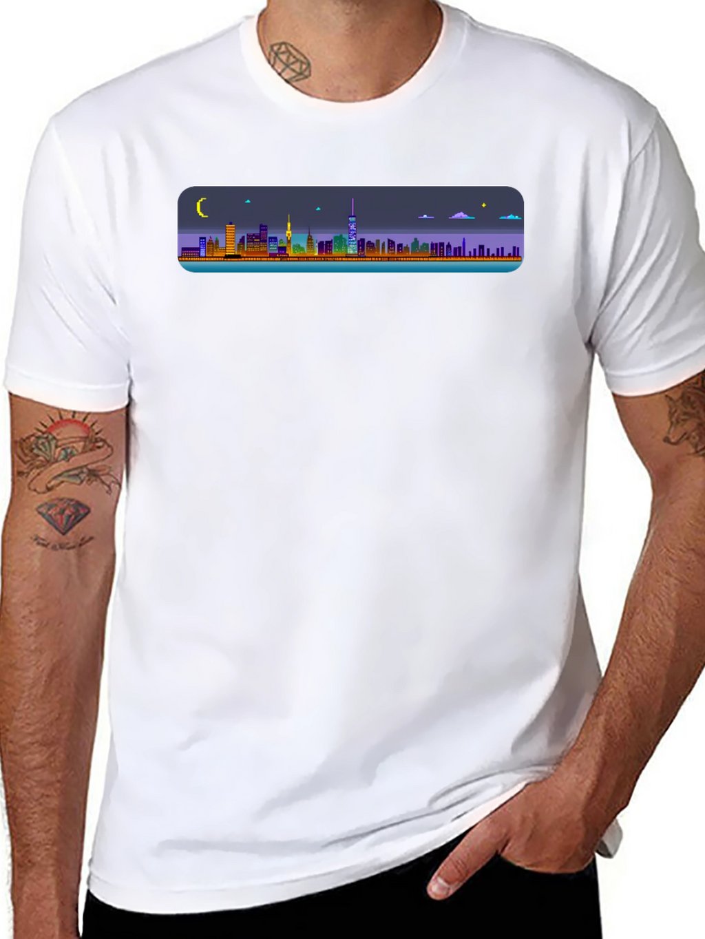 Cityscape Pixel Art Black T-Shirt