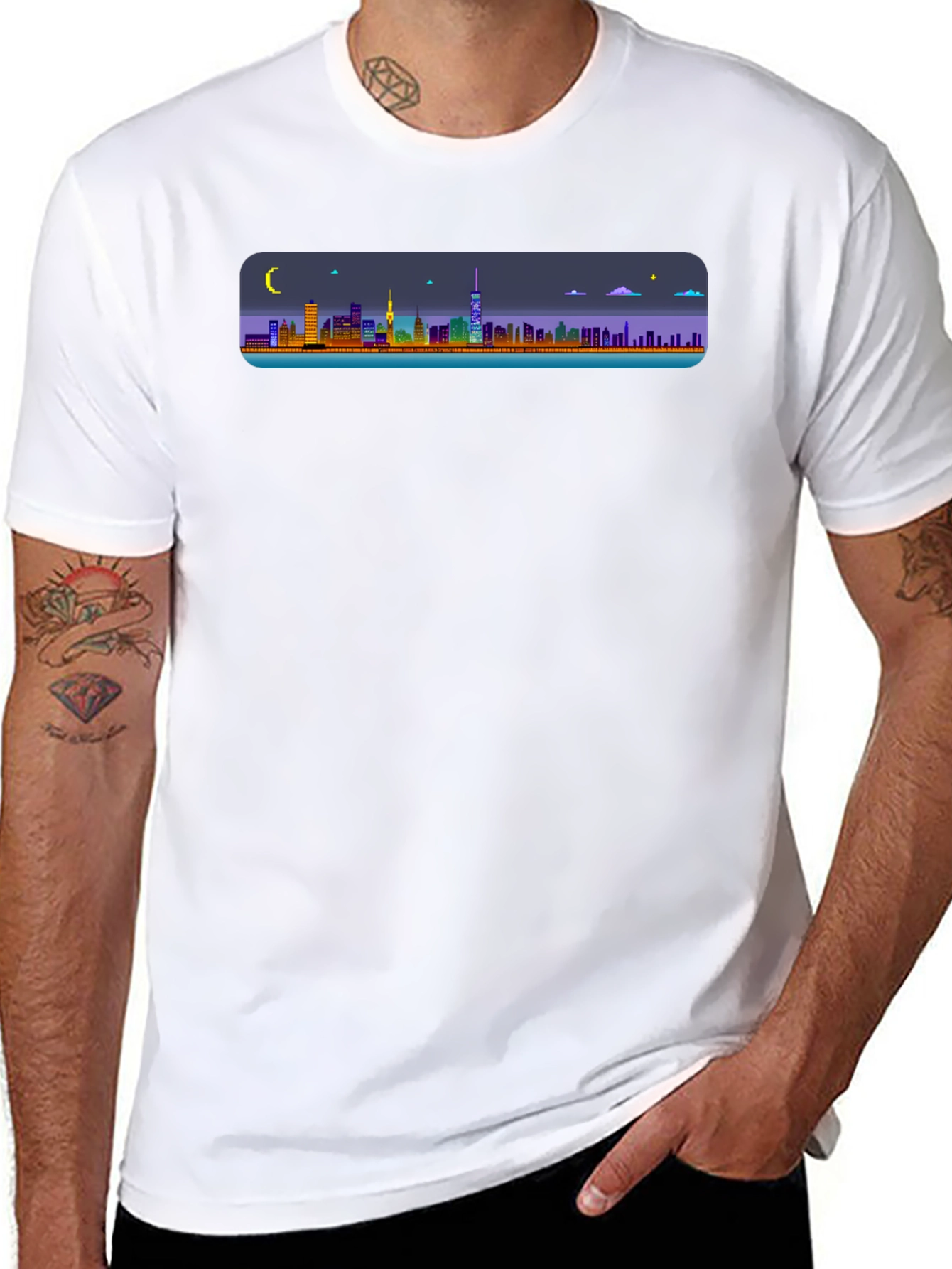 Cityscape Pixel Art Black T-Shirt
