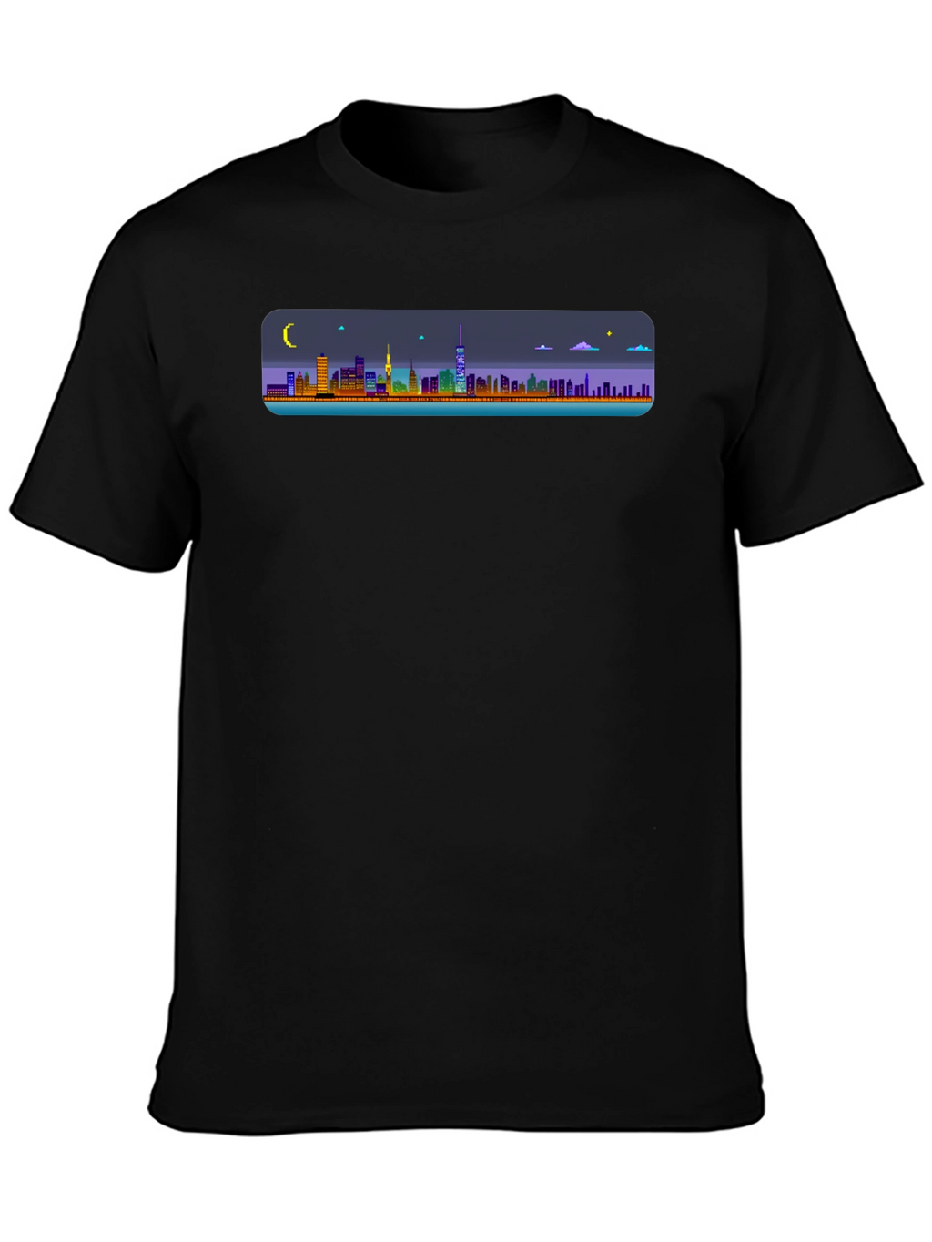 Cityscape Pixel Art Black T-Shirt