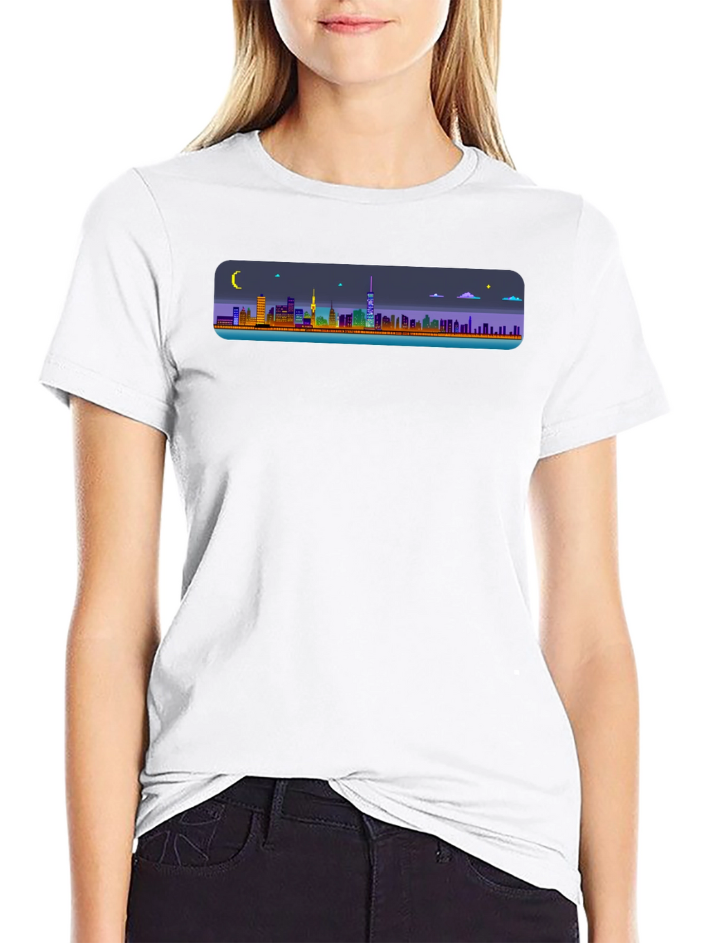 Cityscape Pixel Art Black T-Shirt