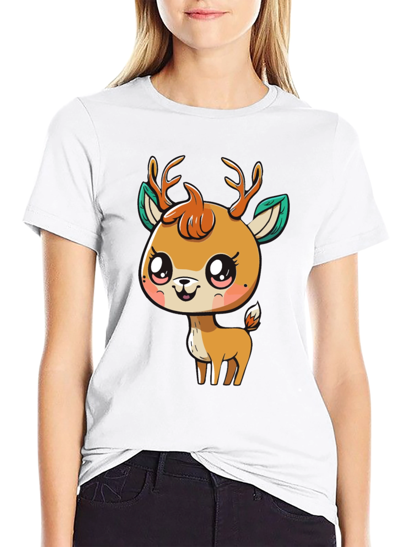 Cute Deer Graphic Tee - Black Cotton Blend