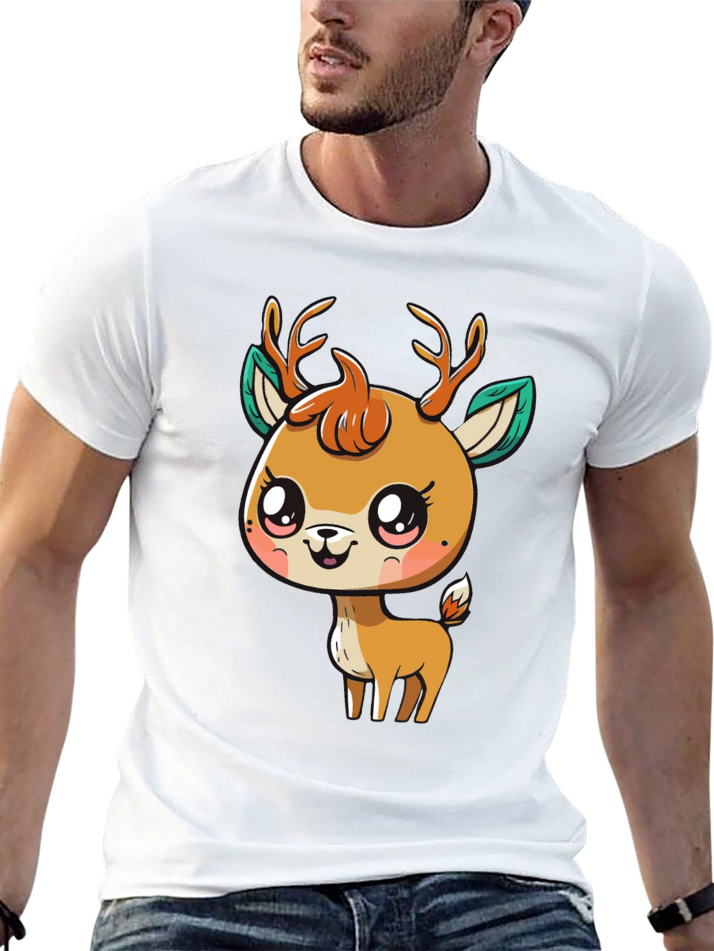 Cute Deer Graphic Tee - Black Cotton Blend