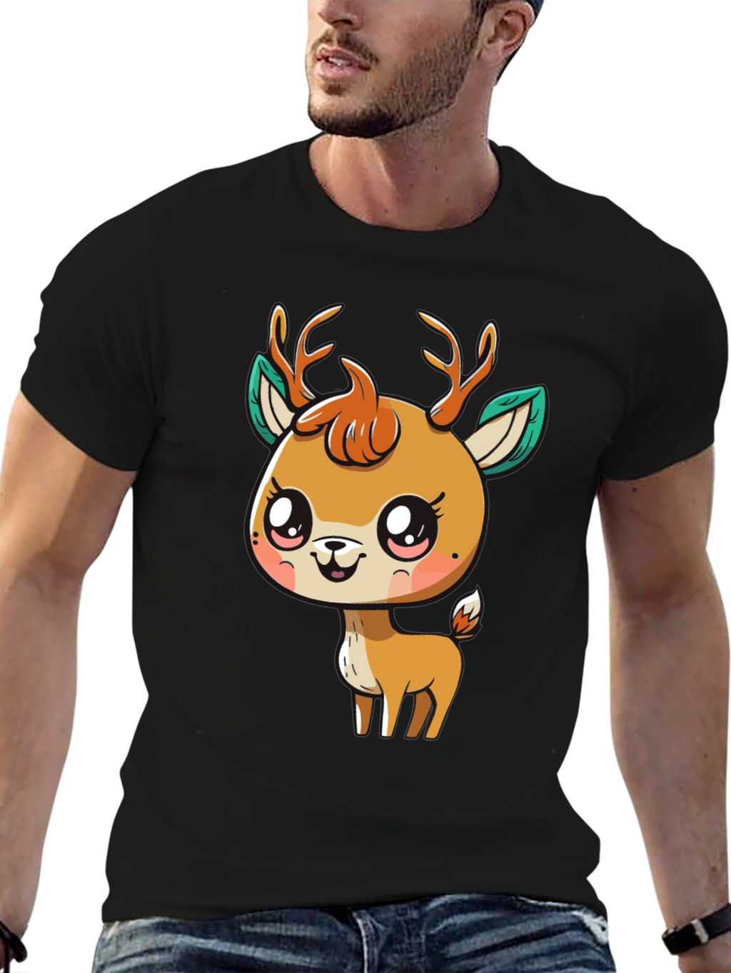 Cute Deer Graphic Tee - Black Cotton Blend