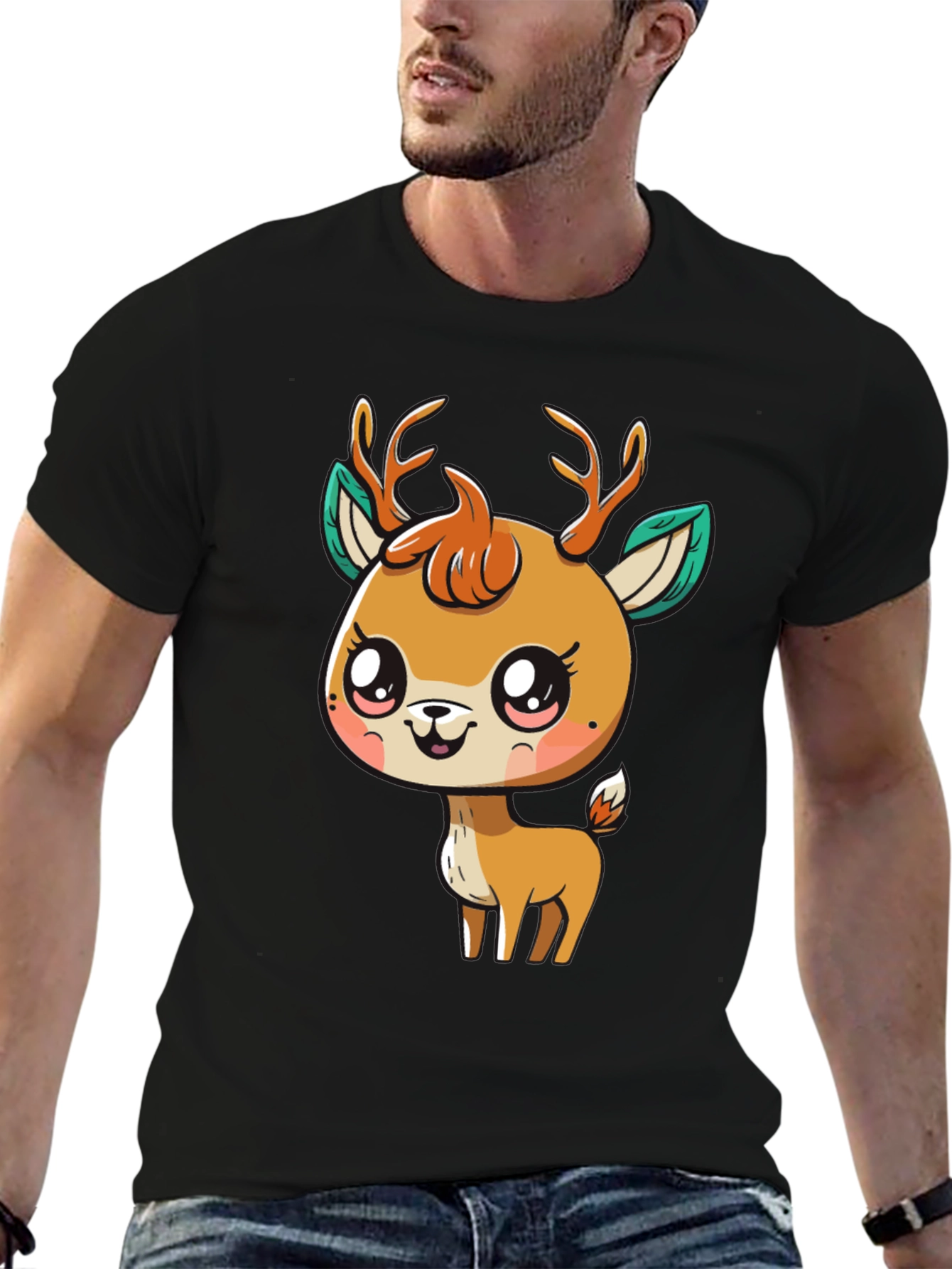 Cute Deer Graphic Tee - Black Cotton Blend