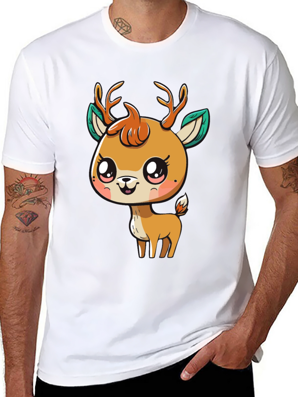 Cute Deer Graphic Tee - Black Cotton Blend