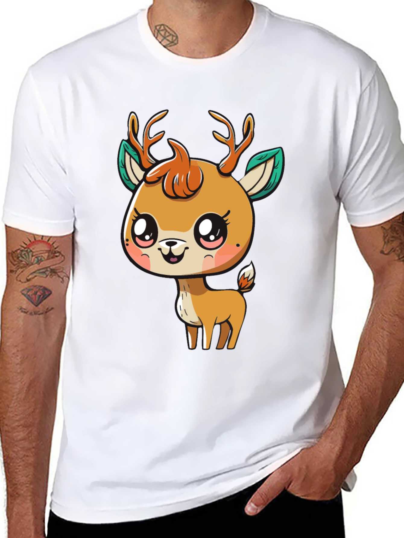 Cute Deer Graphic Tee - Black Cotton Blend