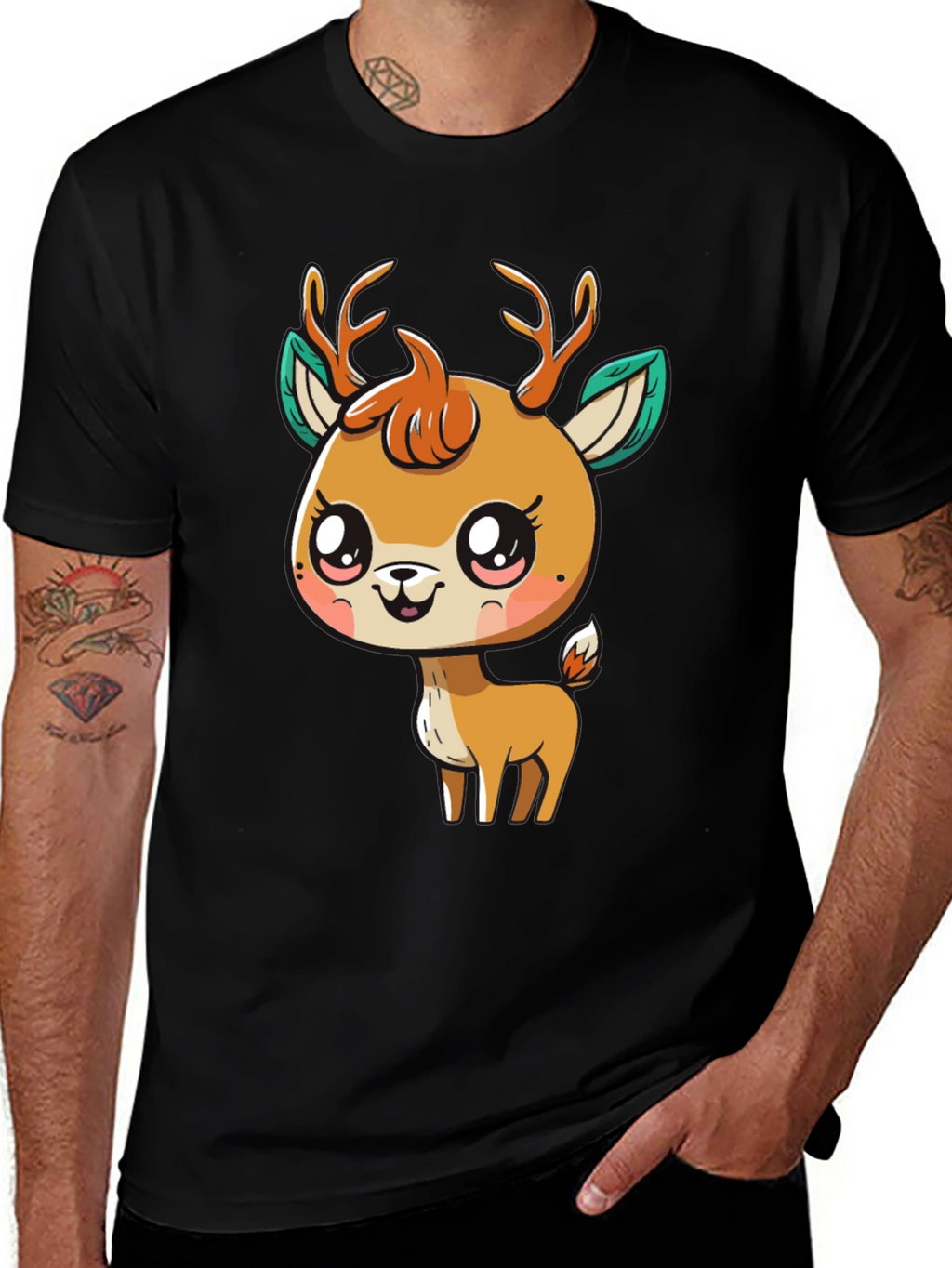Cute Deer Graphic Tee - Black Cotton Blend
