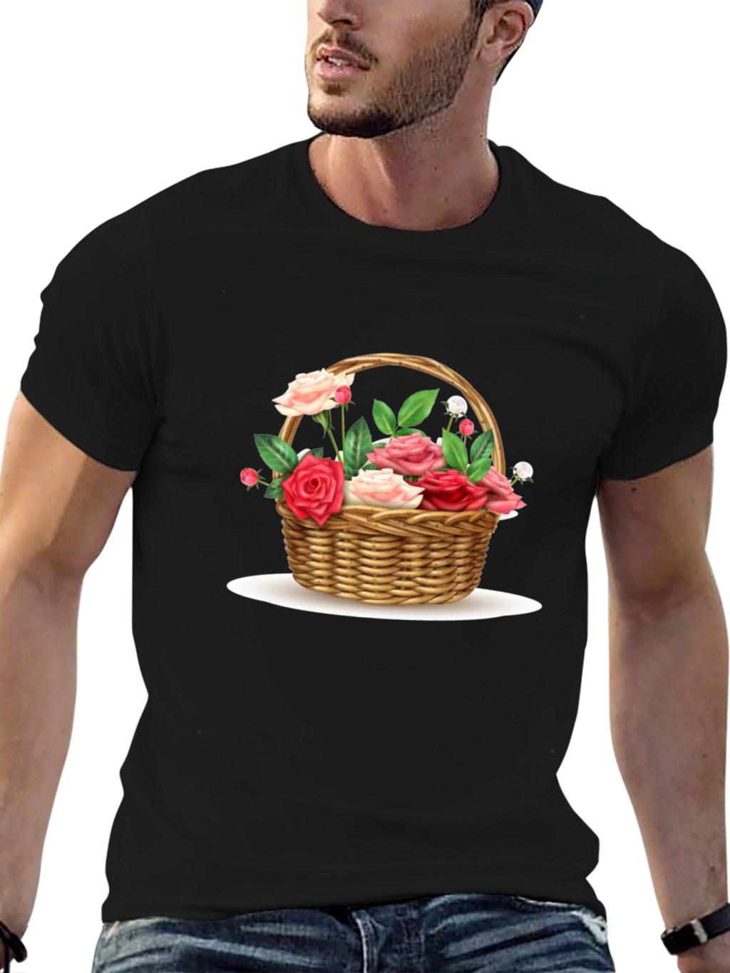 Floral Basket Graphic Tee - Black Casual T-Shirt
