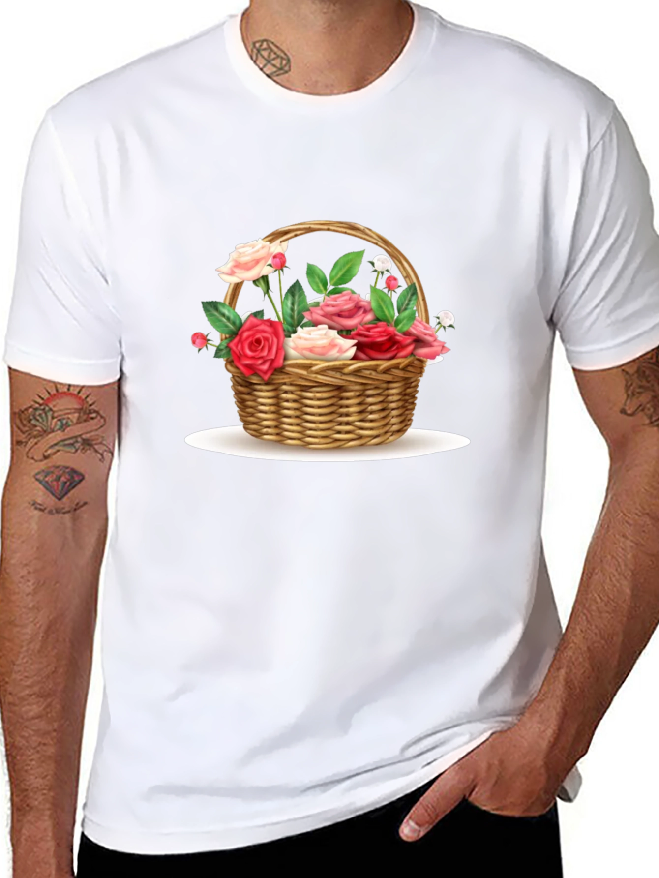 Floral Basket Graphic Tee - Black Casual T-Shirt
