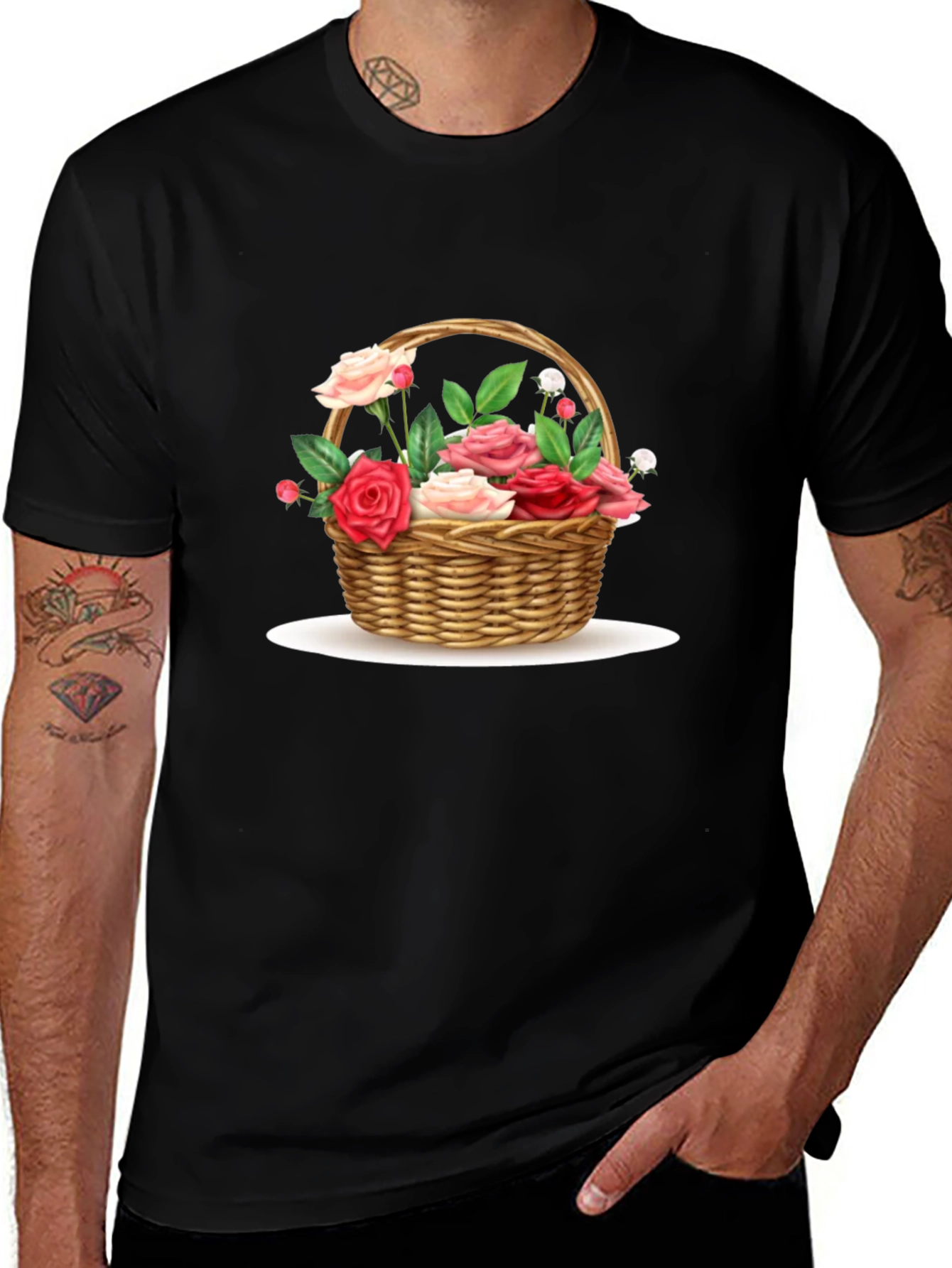 Floral Basket Graphic Tee - Black Casual T-Shirt