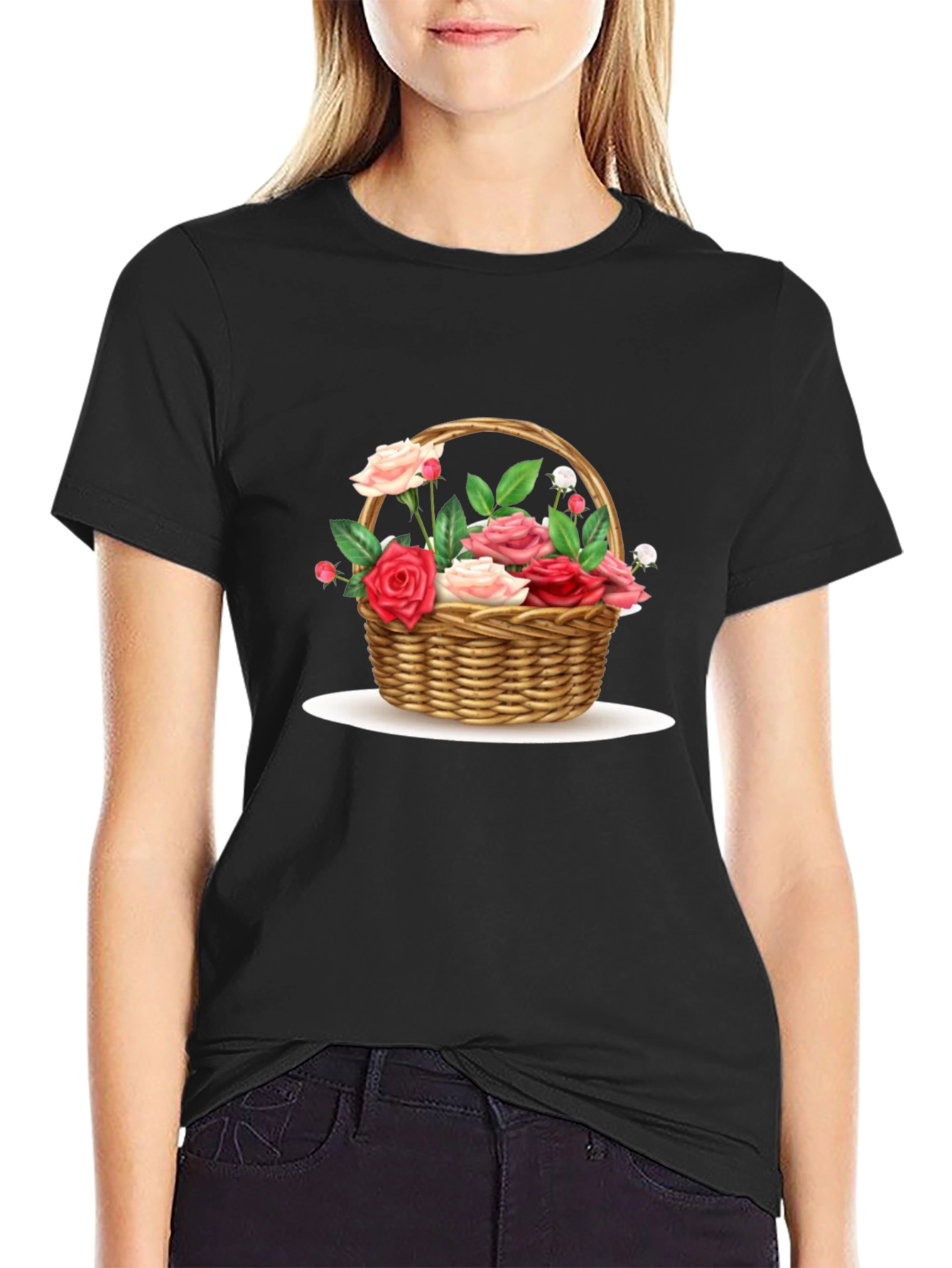 Floral Basket Graphic Tee - Black Casual T-Shirt