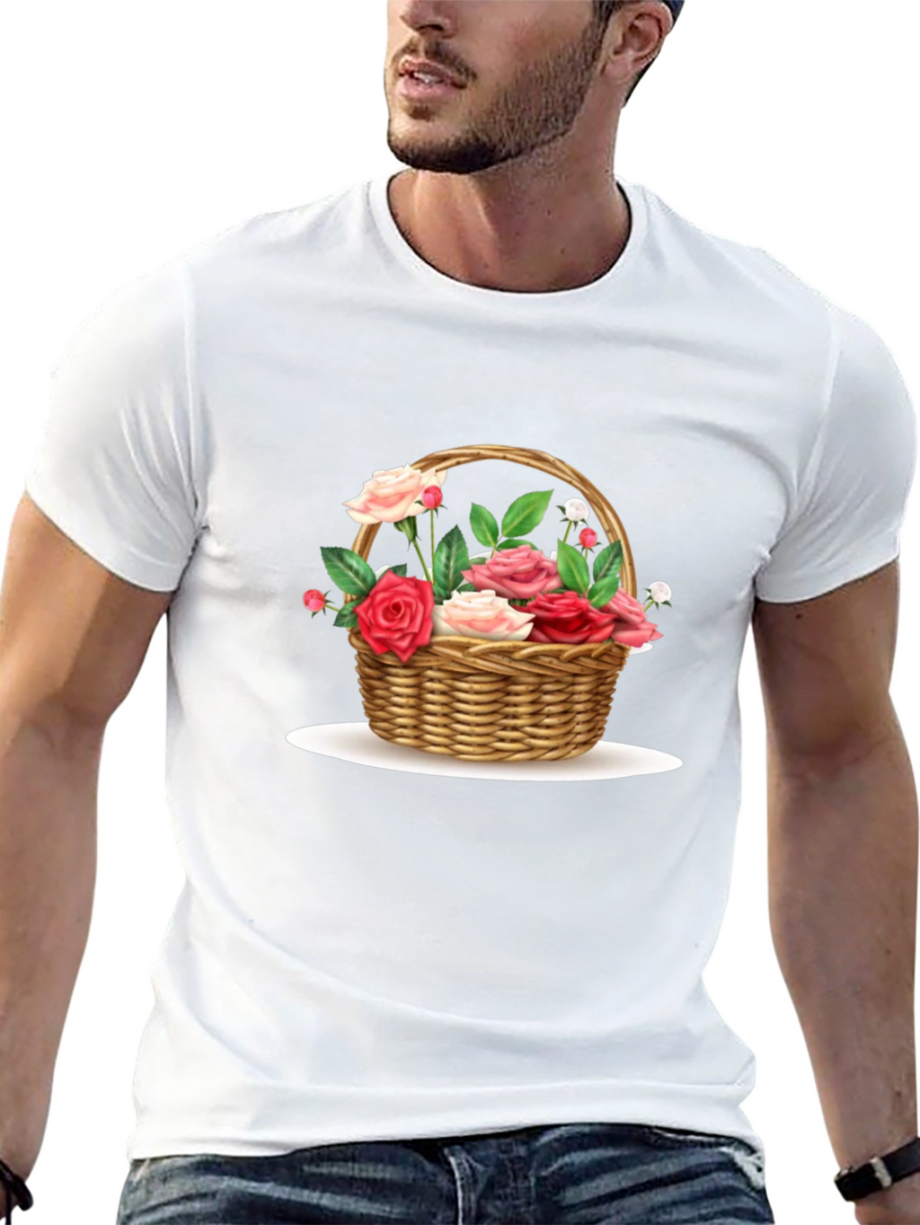 Floral Basket Graphic Tee - Black Casual T-Shirt