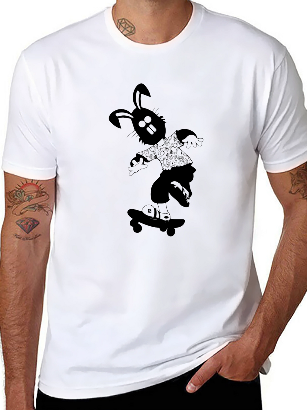 Skateboarding Rabbit Graphic Tee - Cool Black T-Shirt