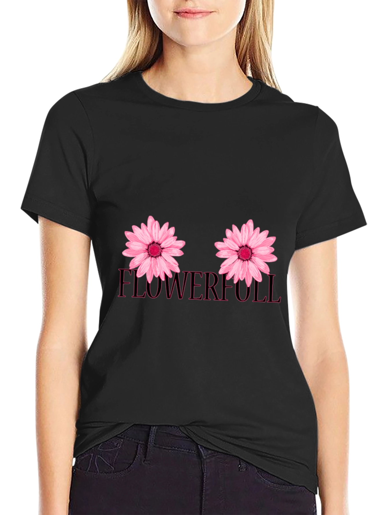 Floral Graphic Tee - Pink Flowers on Black Cotton