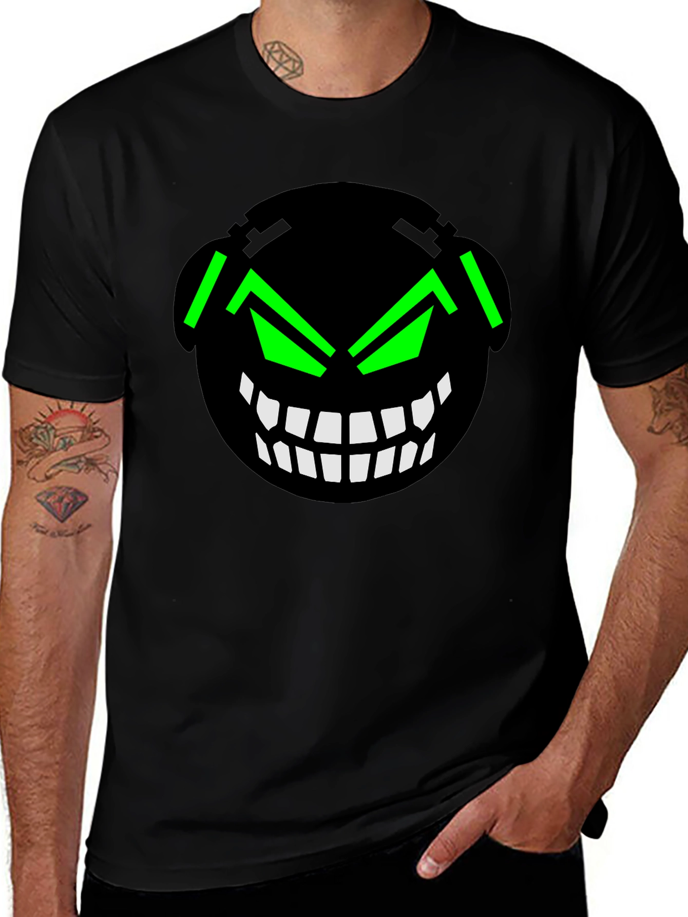 Graphic Black T-Shirt with Cyberpunk Grin