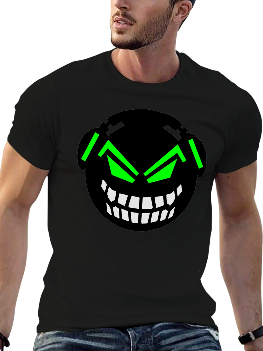 Graphic Black T-Shirt with Cyberpunk Grin