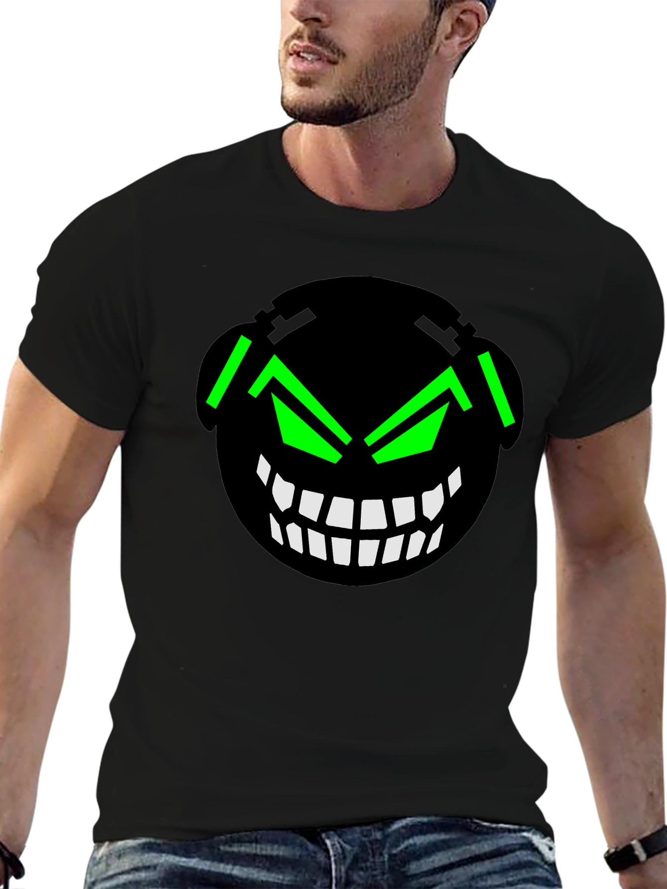 Graphic Black T-Shirt with Cyberpunk Grin