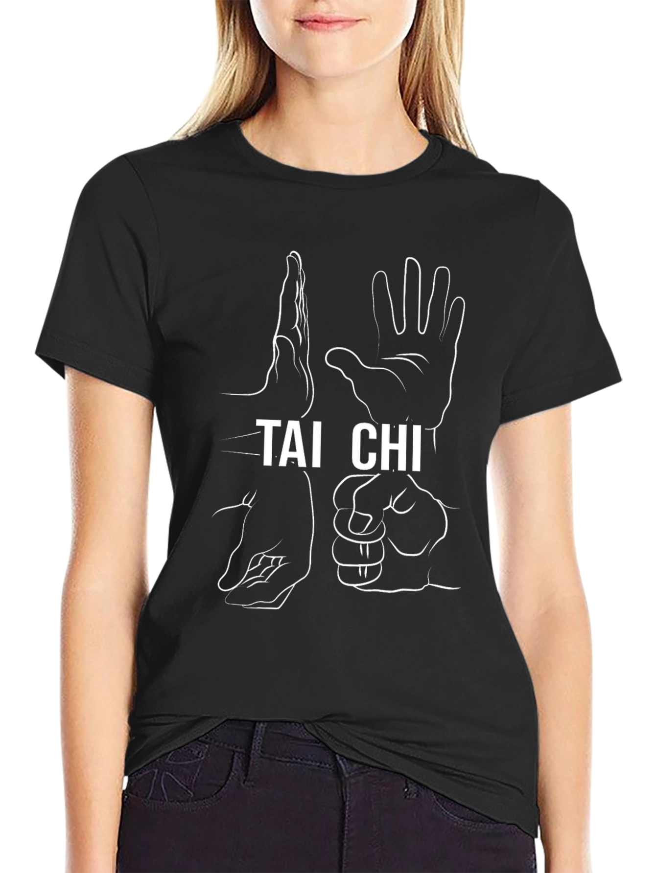 Tai Chi Hand Gesture Graphic Tee - Black Cotton Blend
