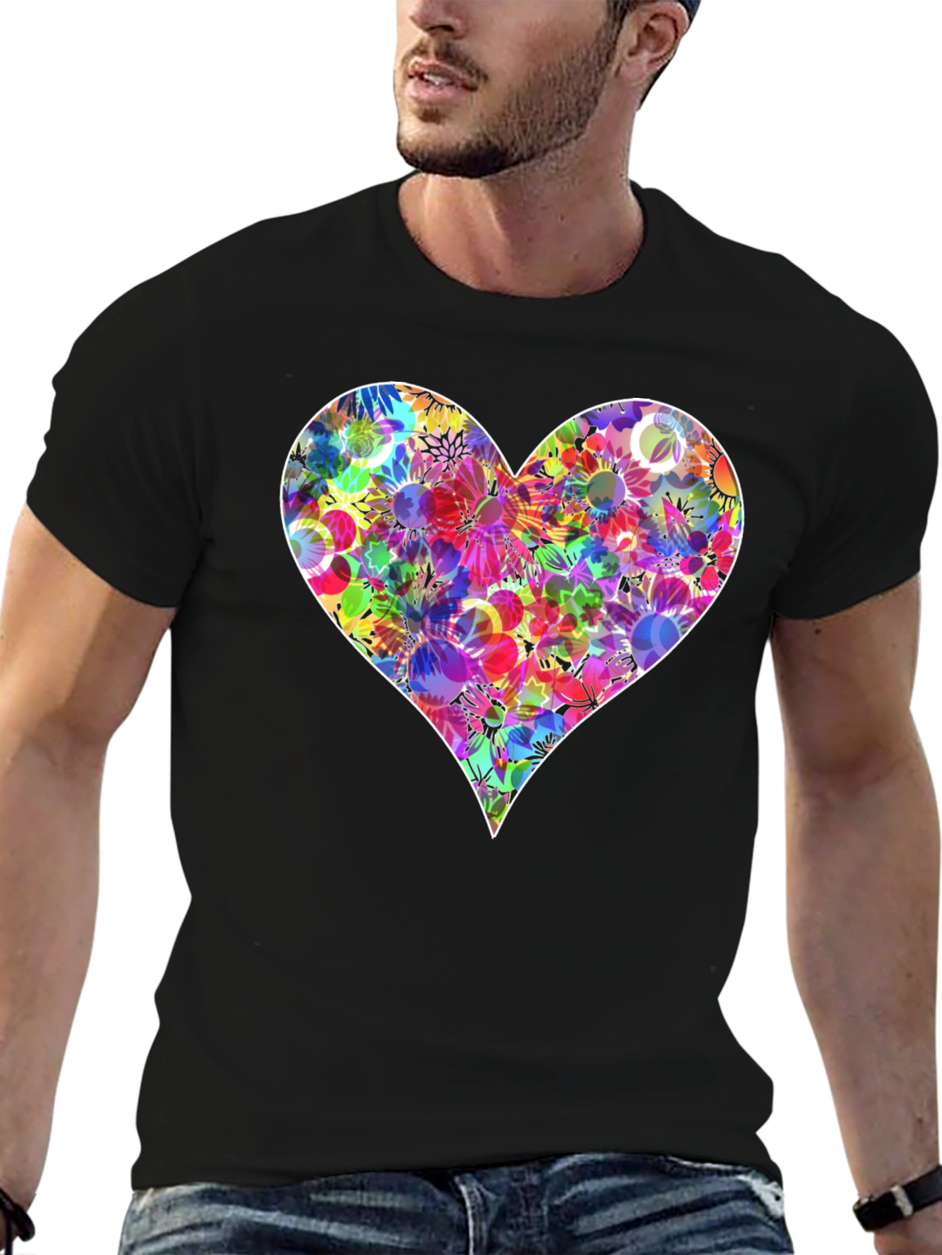 Floral Heart Graphic T-Shirt - Stylish Black Tee