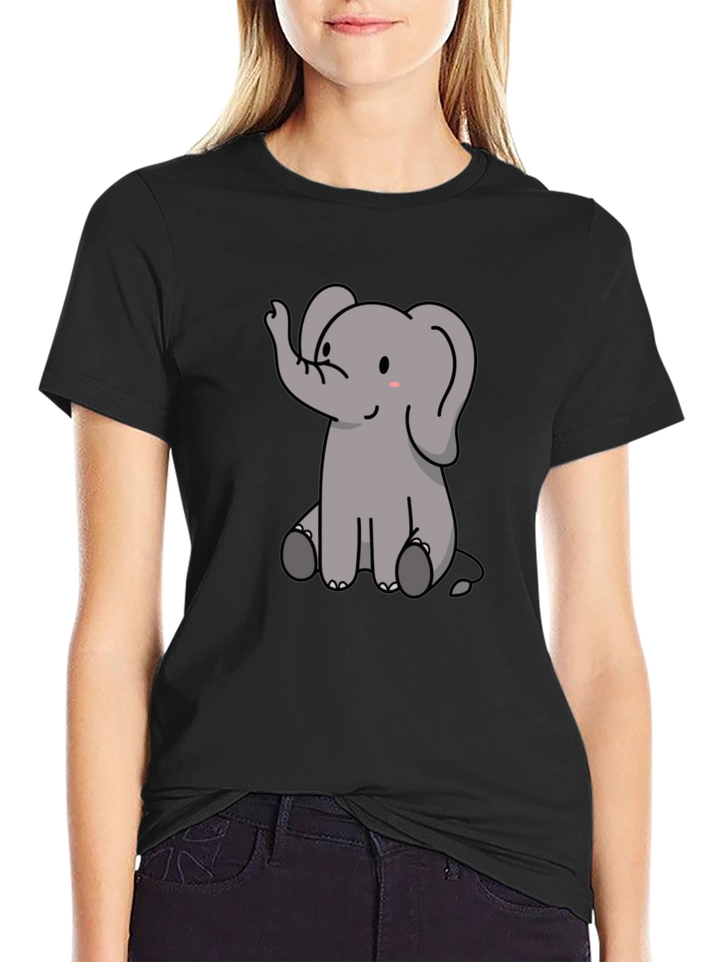 Cute Elephant Graphic Print Black T-Shirt