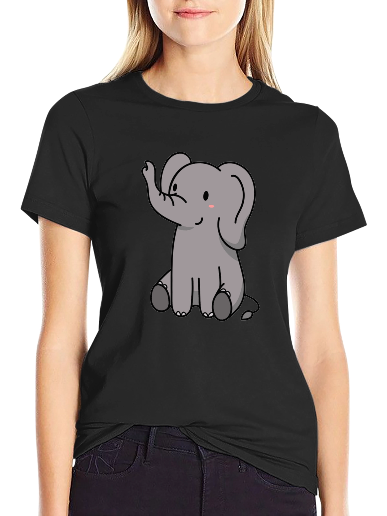 Cute Elephant Graphic Print Black T-Shirt