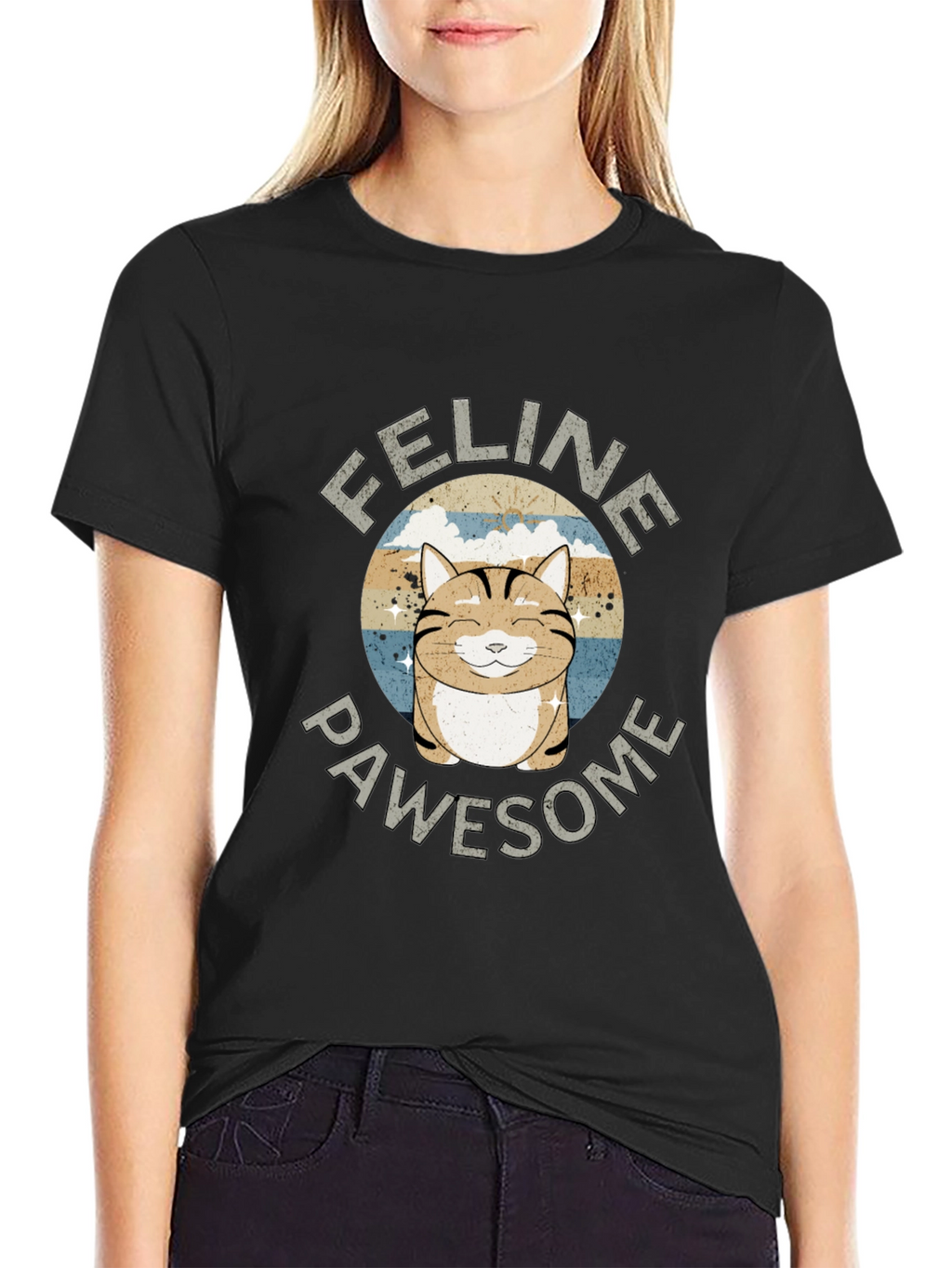 Feline Pawsome Cat Graphic Black T-Shirt