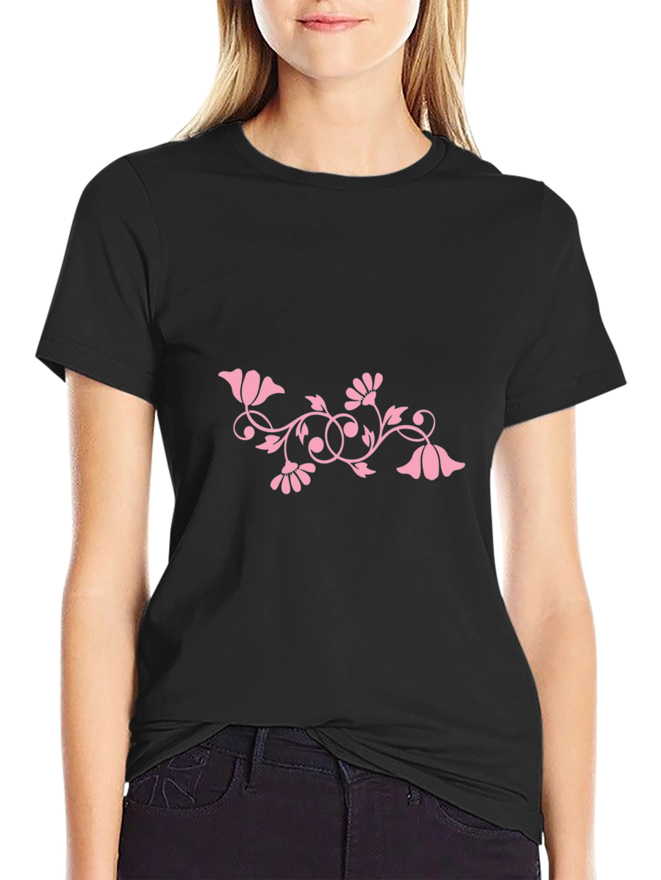 Black Tee with Pink Floral Design