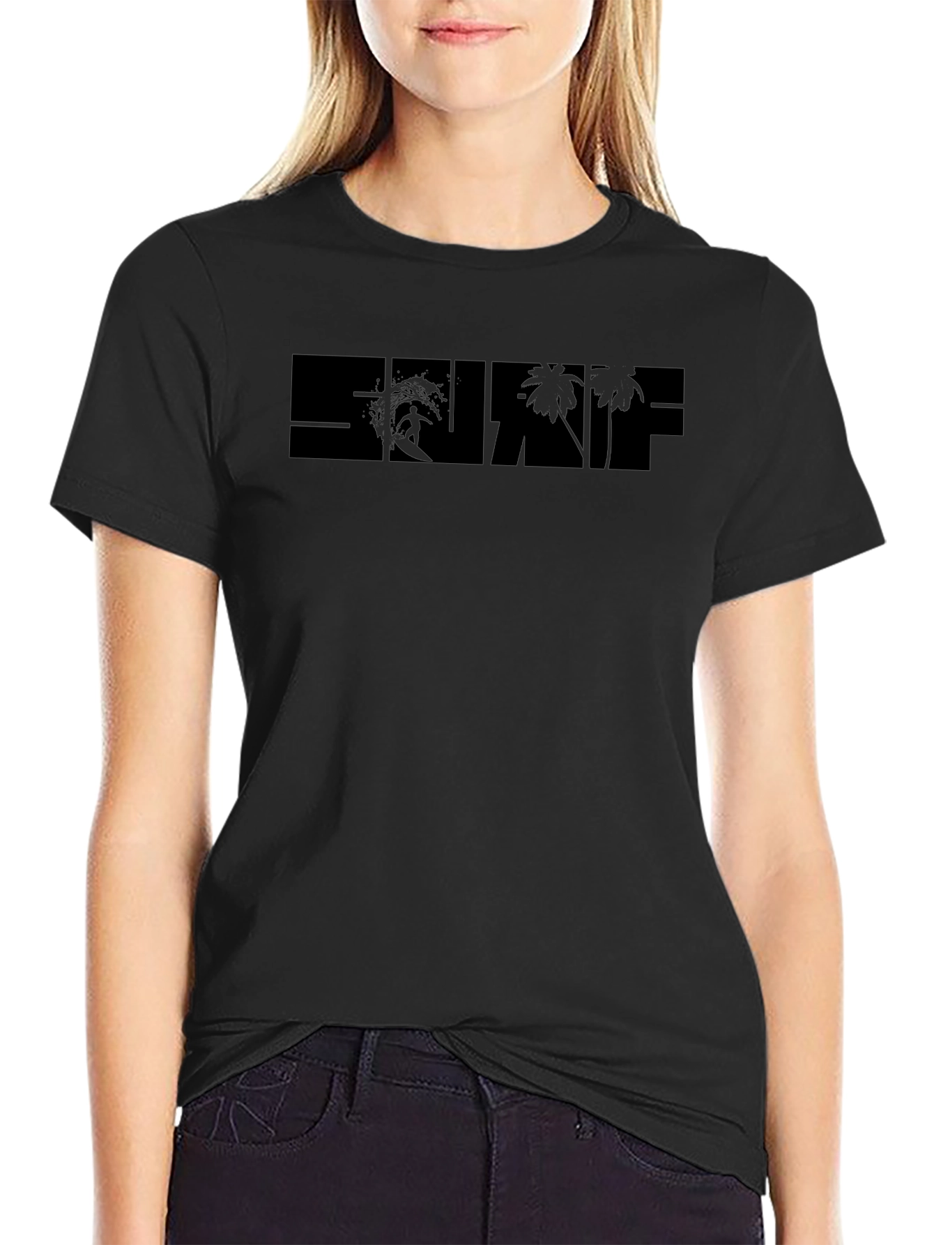 Surf Graphic Black T-Shirt - Tropical Beach Design