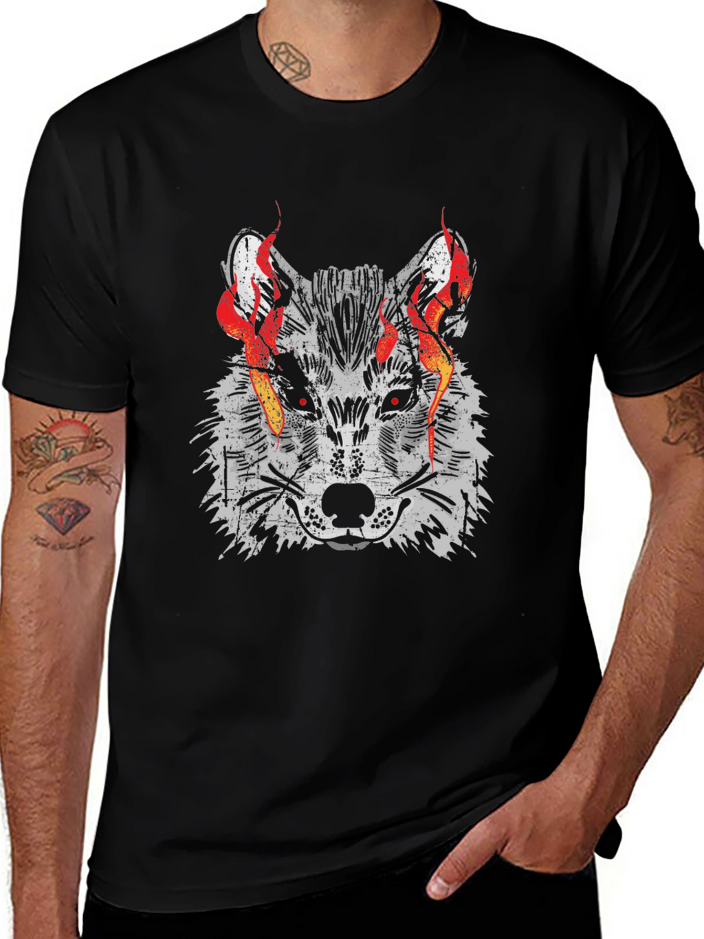 Fiery Wolf Graphic Tee - Mens Black T-Shirt