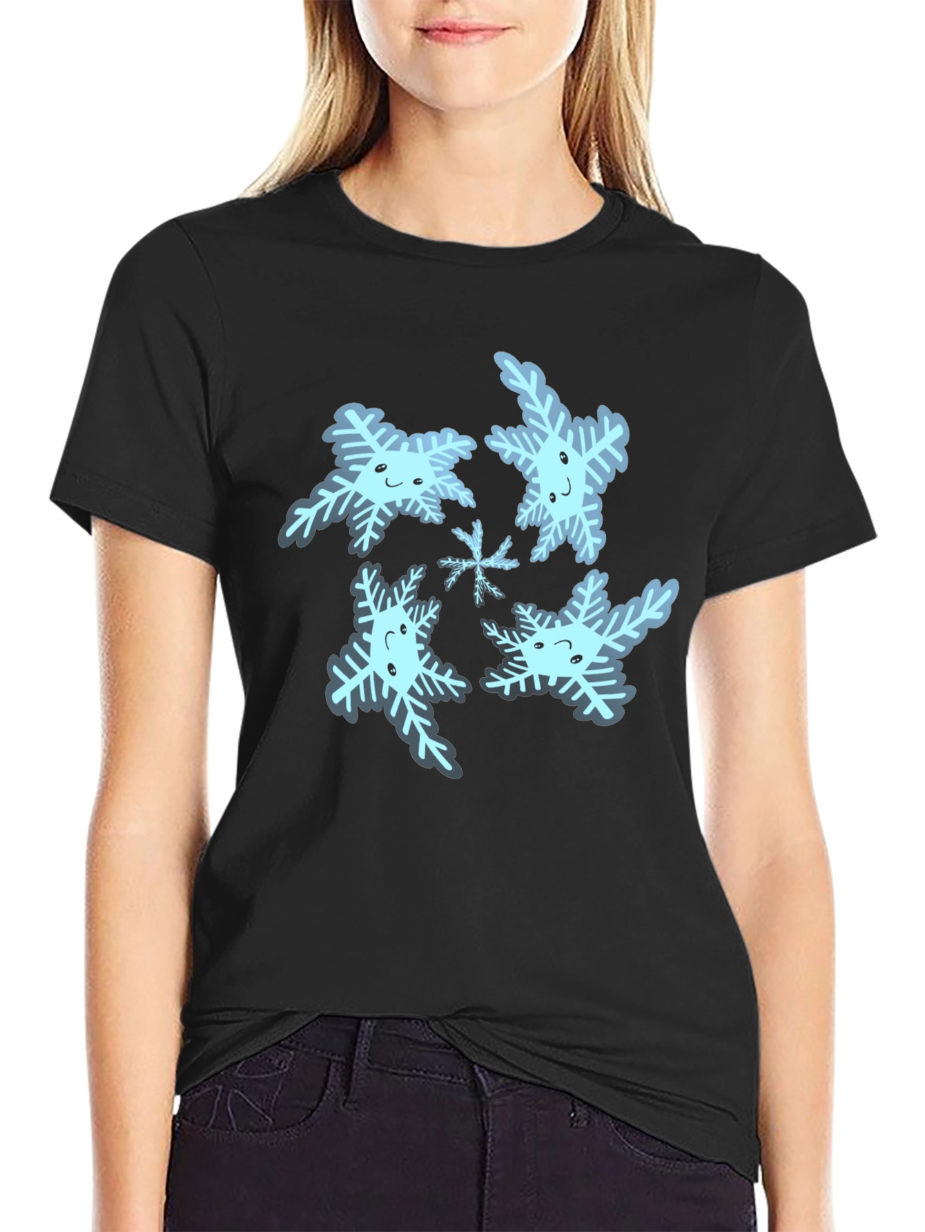 Cute Snowflake Graphic Tee - Black Cotton Blend