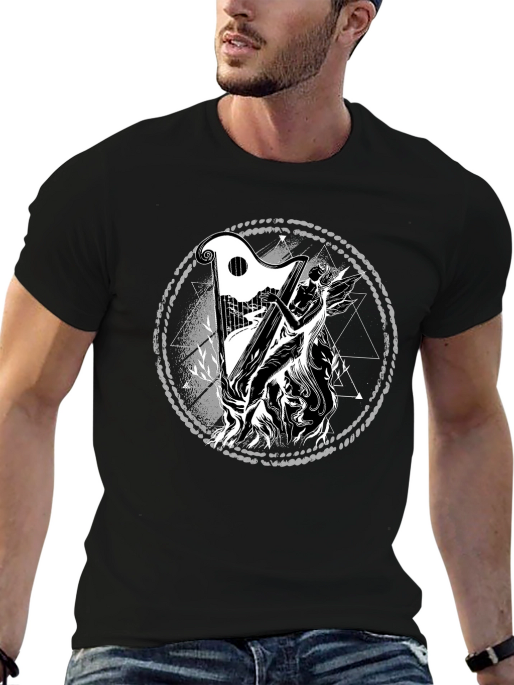 Mystic Harpist Graphic Black T-Shirt