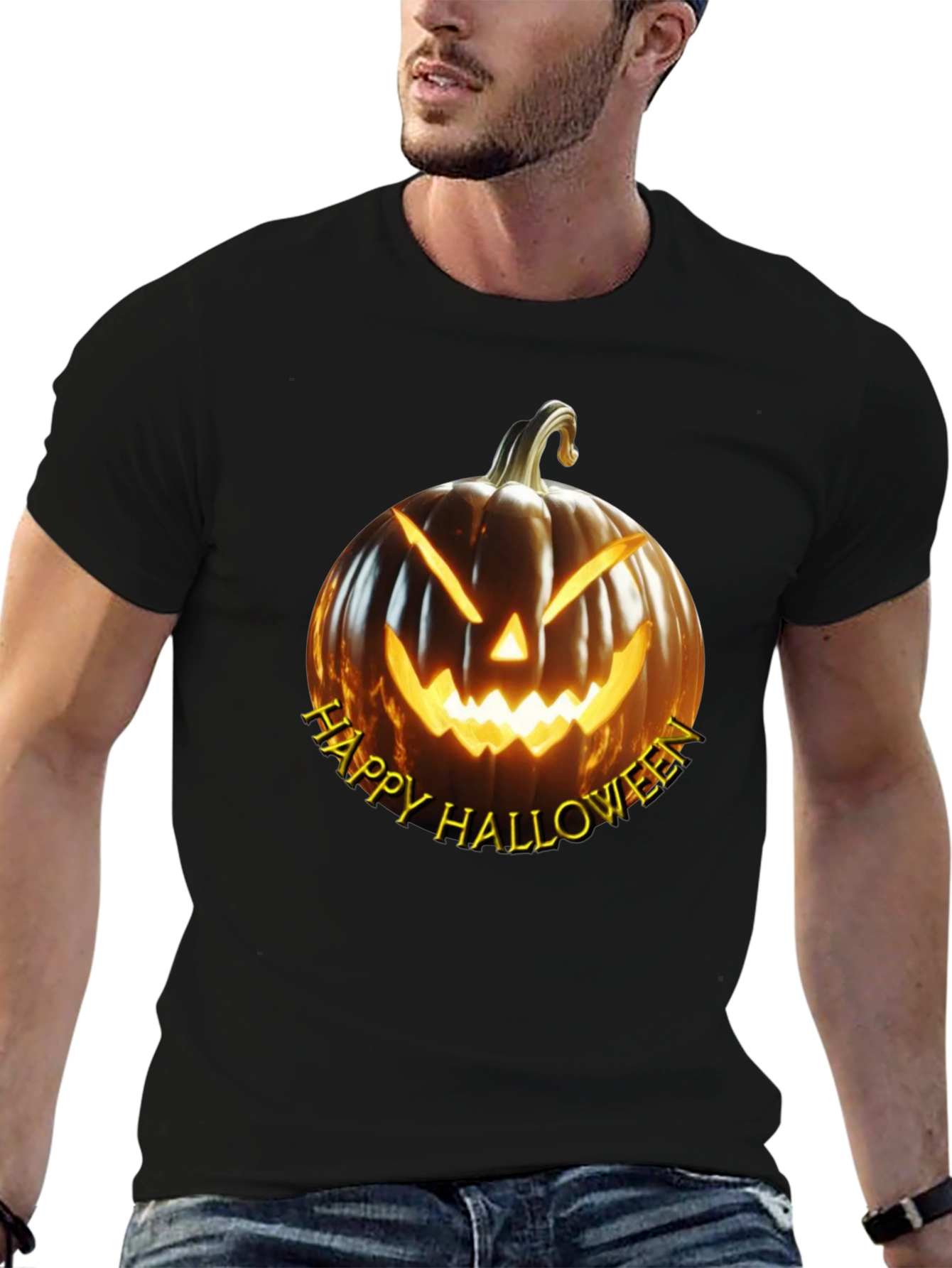 Happy Halloween Pumpkin Graphic Tee - Black