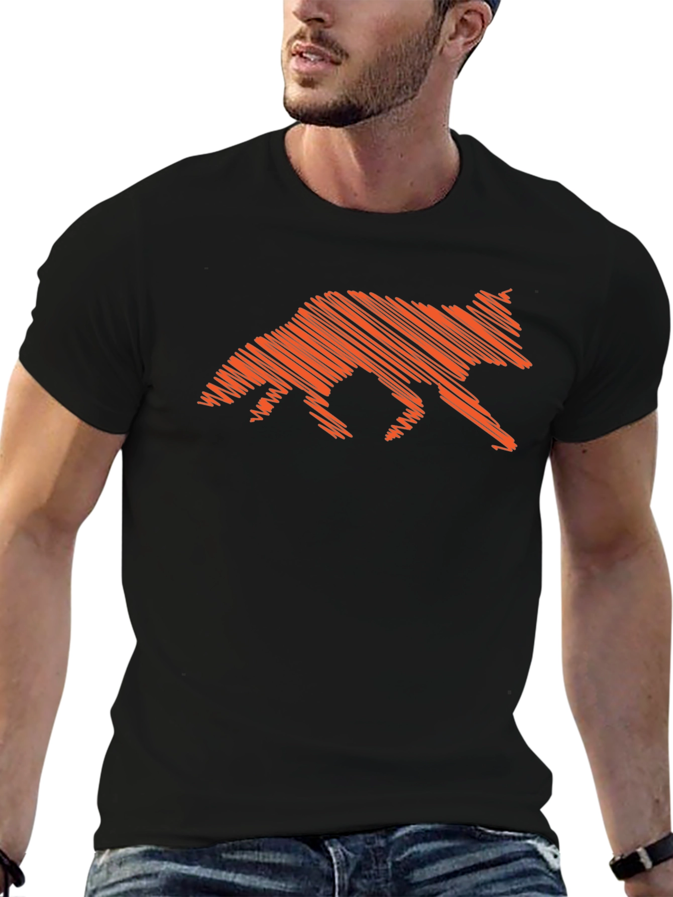 Orange Fox Scribble Graphic Black T-Shirt
