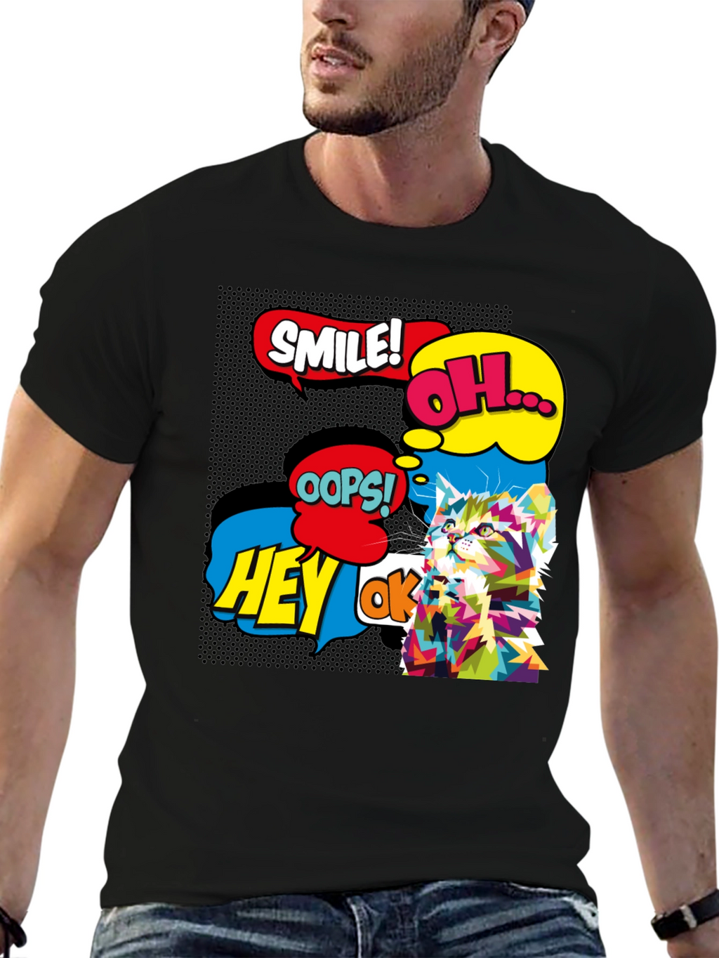 Pop Art Cat Black T-Shirt - Graphic Tee