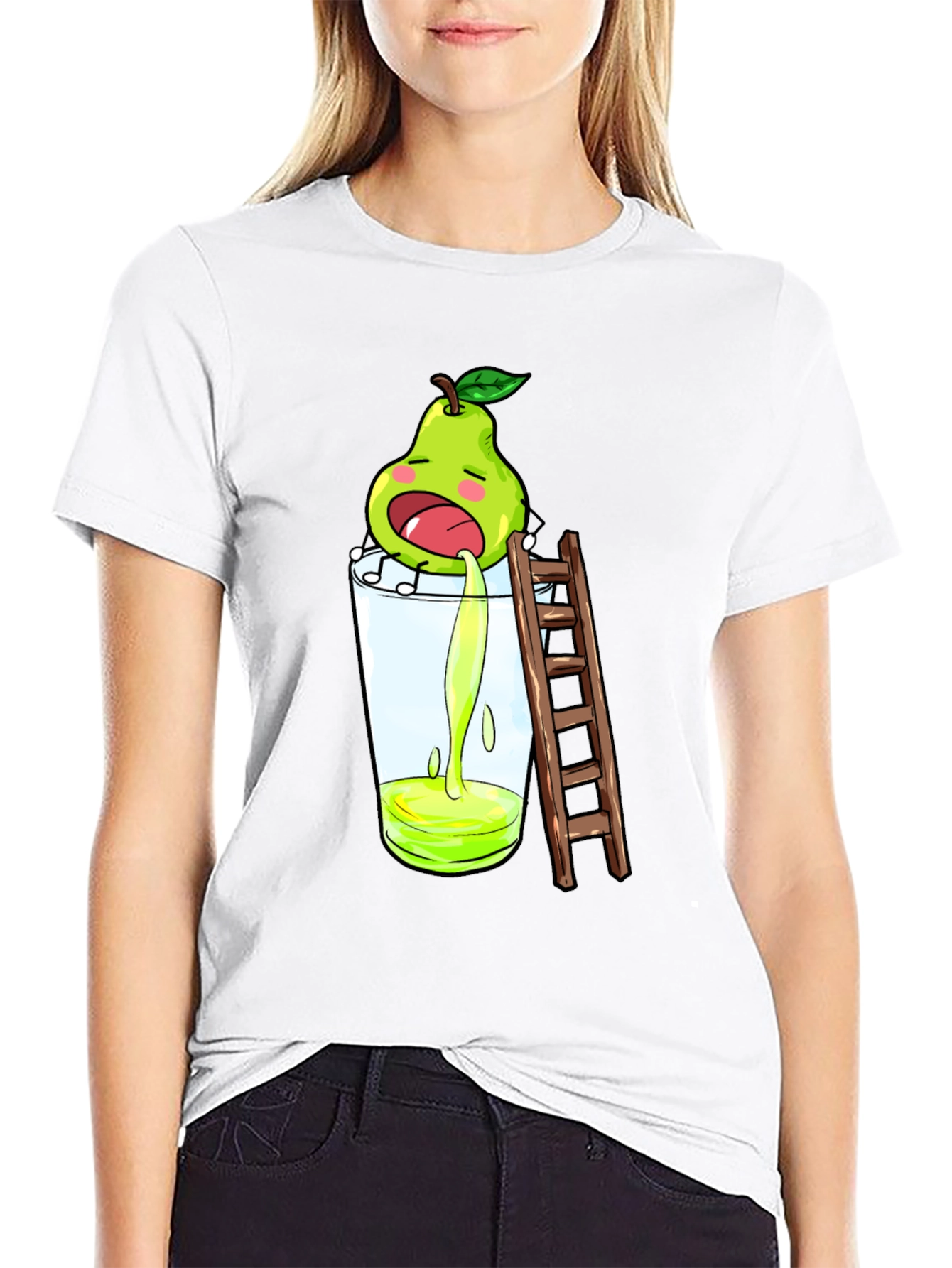 Funny Pear Juice Cartoon Black T-Shirt