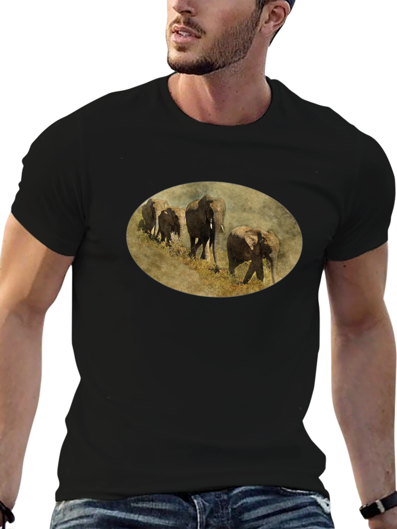 Elephant Herd Graphic Black T-Shirt
