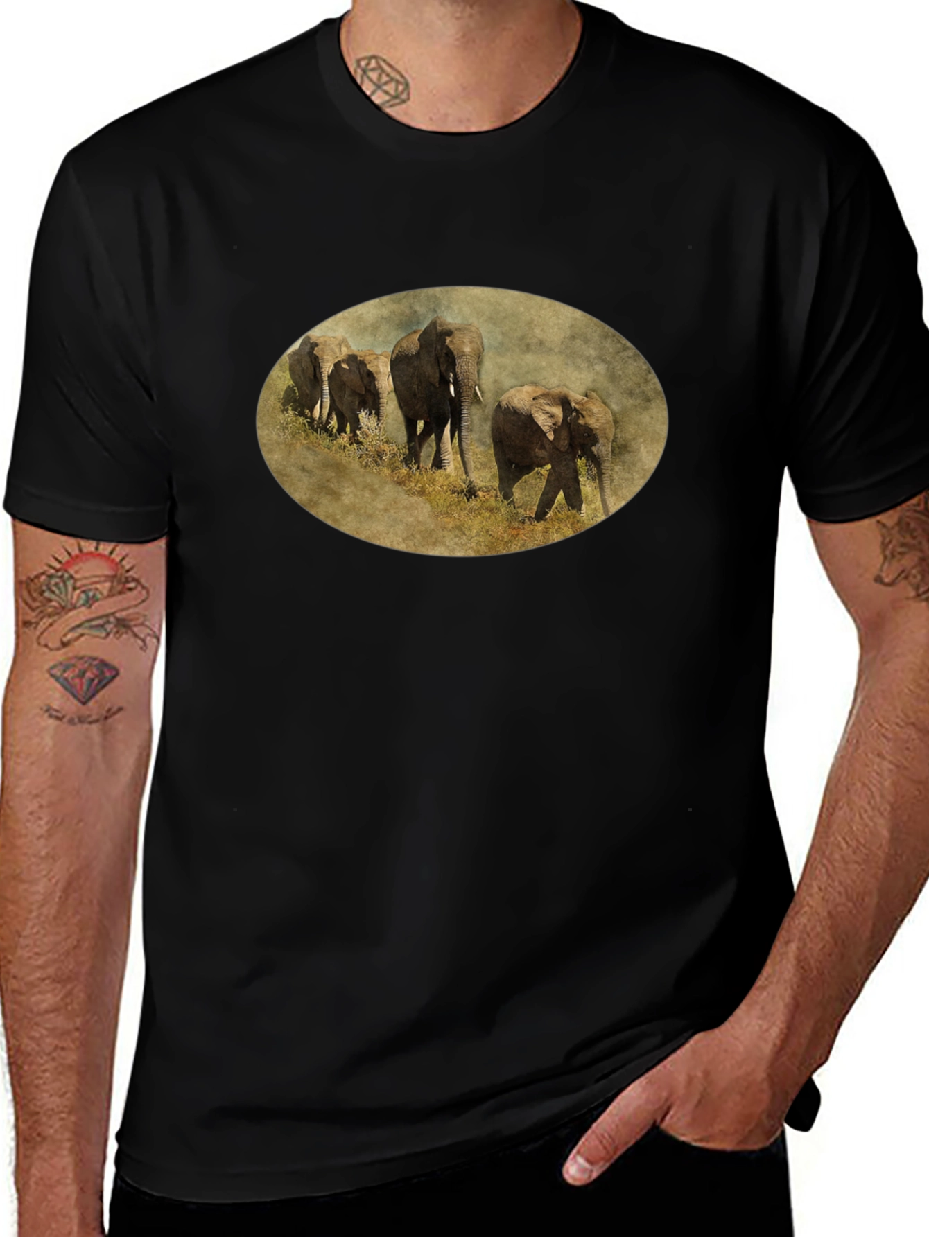 Elephant Herd Graphic Black T-Shirt