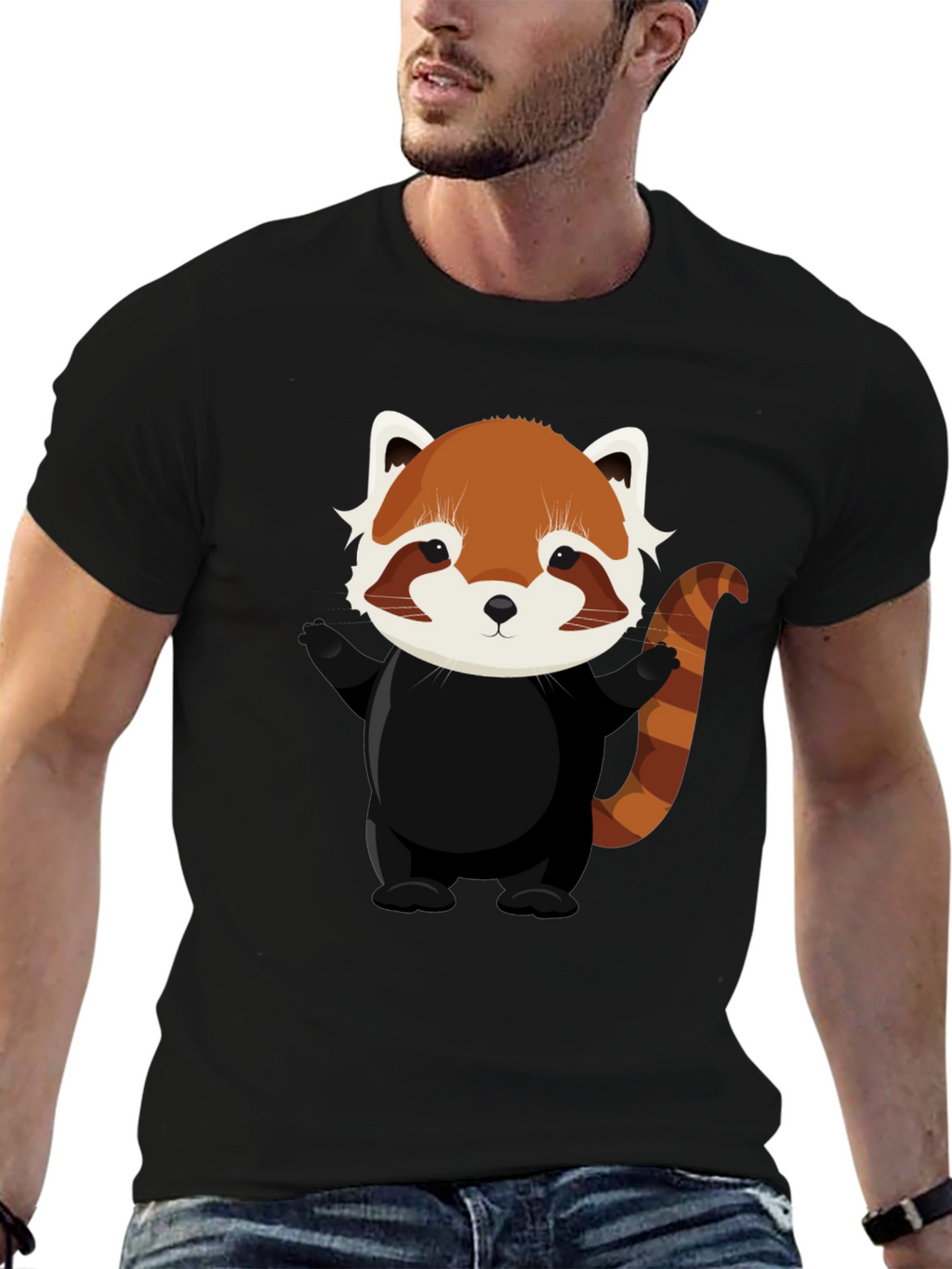 Cute Red Panda Graphic Tee - Black Cotton T-Shirt